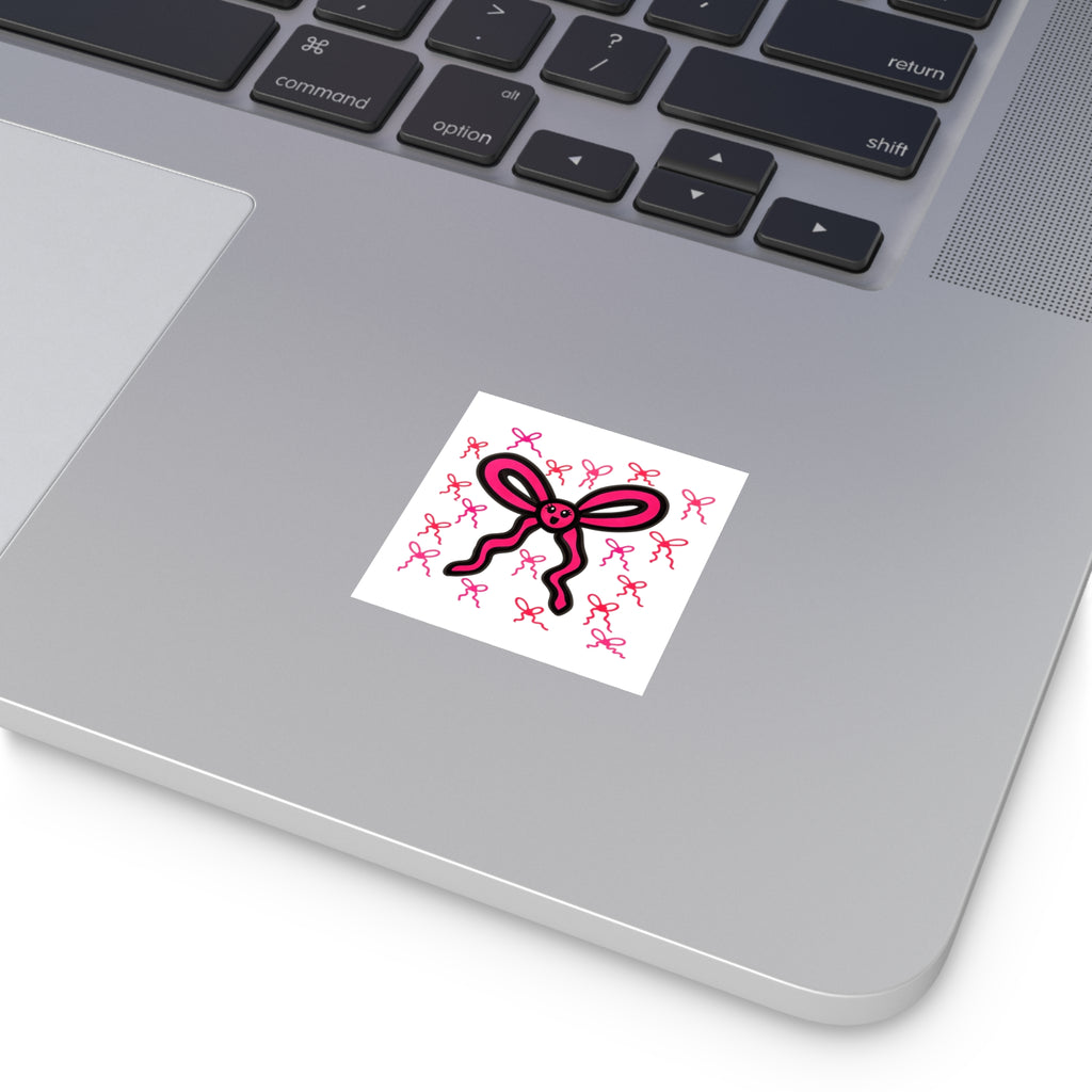 Hand-Drawn Pink Bow Character Square Sticker | Indoor Outdoor Vinyl Sticker