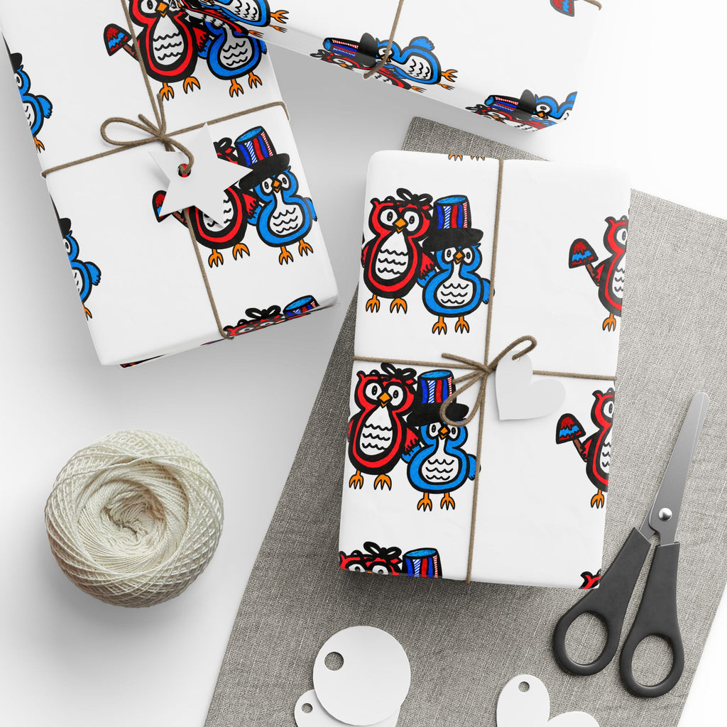 Hand-Drawn Patriotic Owls Pattern Wrapping Paper | Repeating Bird Print