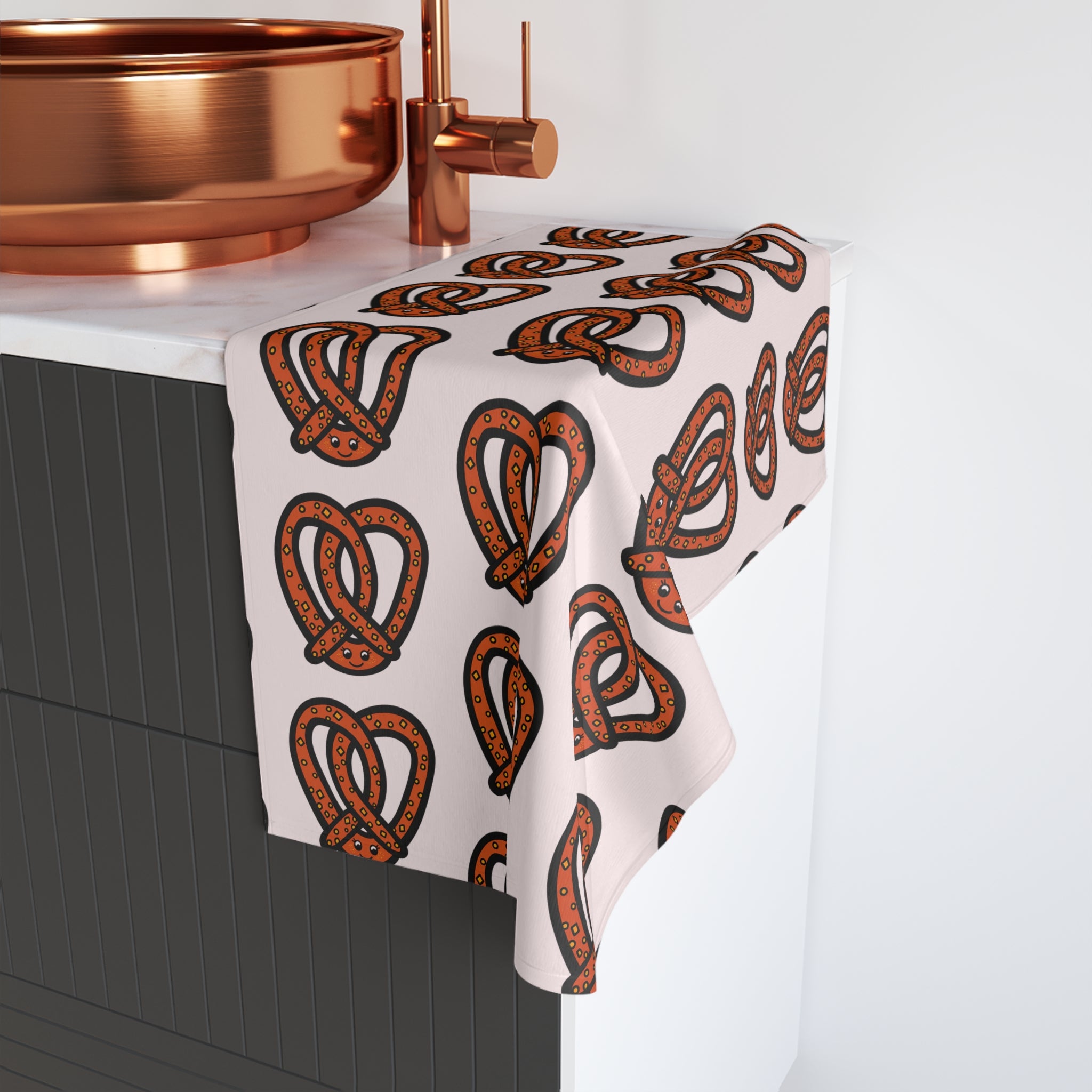 Hand-Drawn Salted Pretzel Pattern Hand Towel | Bakery Snack Kitchen Decor