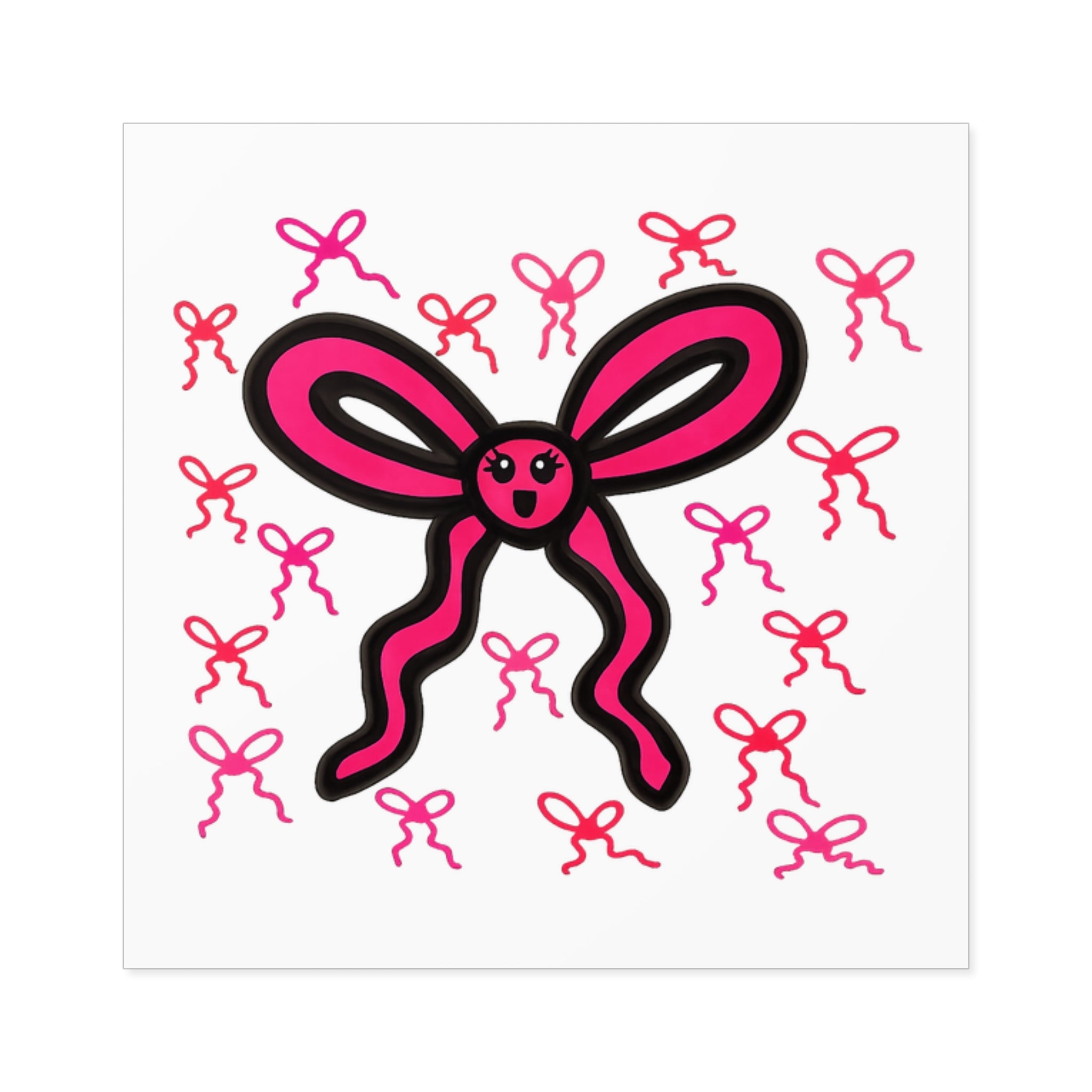 Hand-Drawn Pink Bow Character Square Sticker | Indoor Outdoor Vinyl Sticker