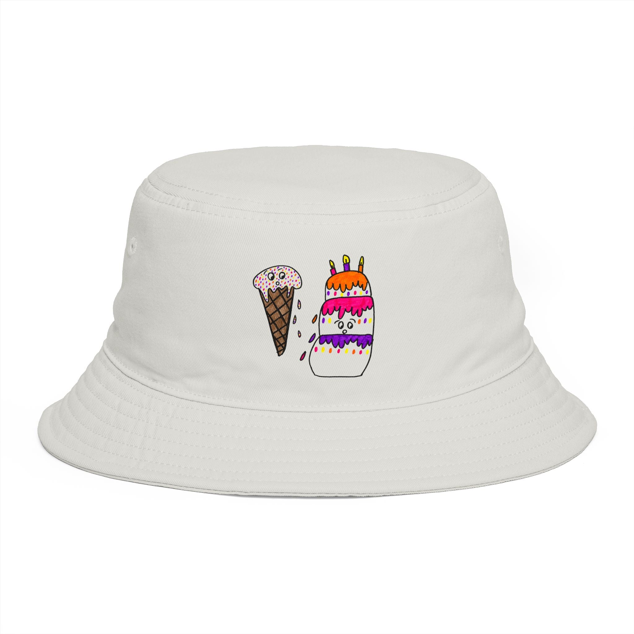 Hand-Drawn Cute Ice Cream Cone and Cake Birthday Bucket Hat | Dessert Illustration