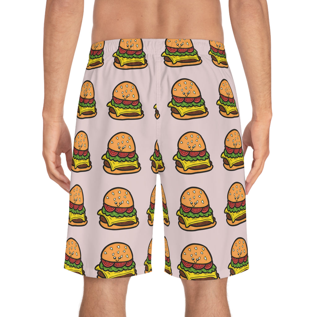 Hand-Drawn Cartoon Cheeseburger Pattern Board Shorts | All-Over Print