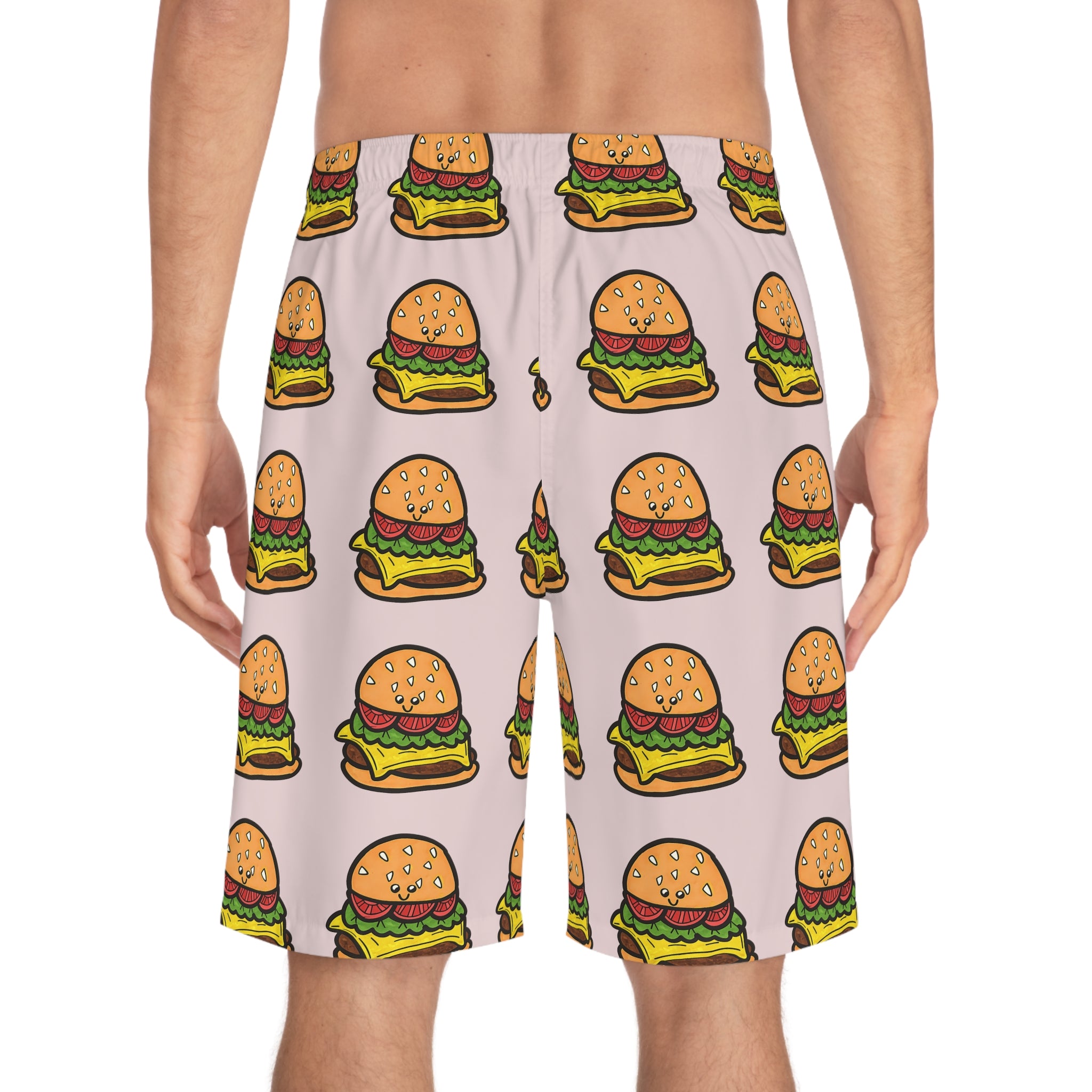 Hand-Drawn Cartoon Cheeseburger Pattern Board Shorts | All-Over Print