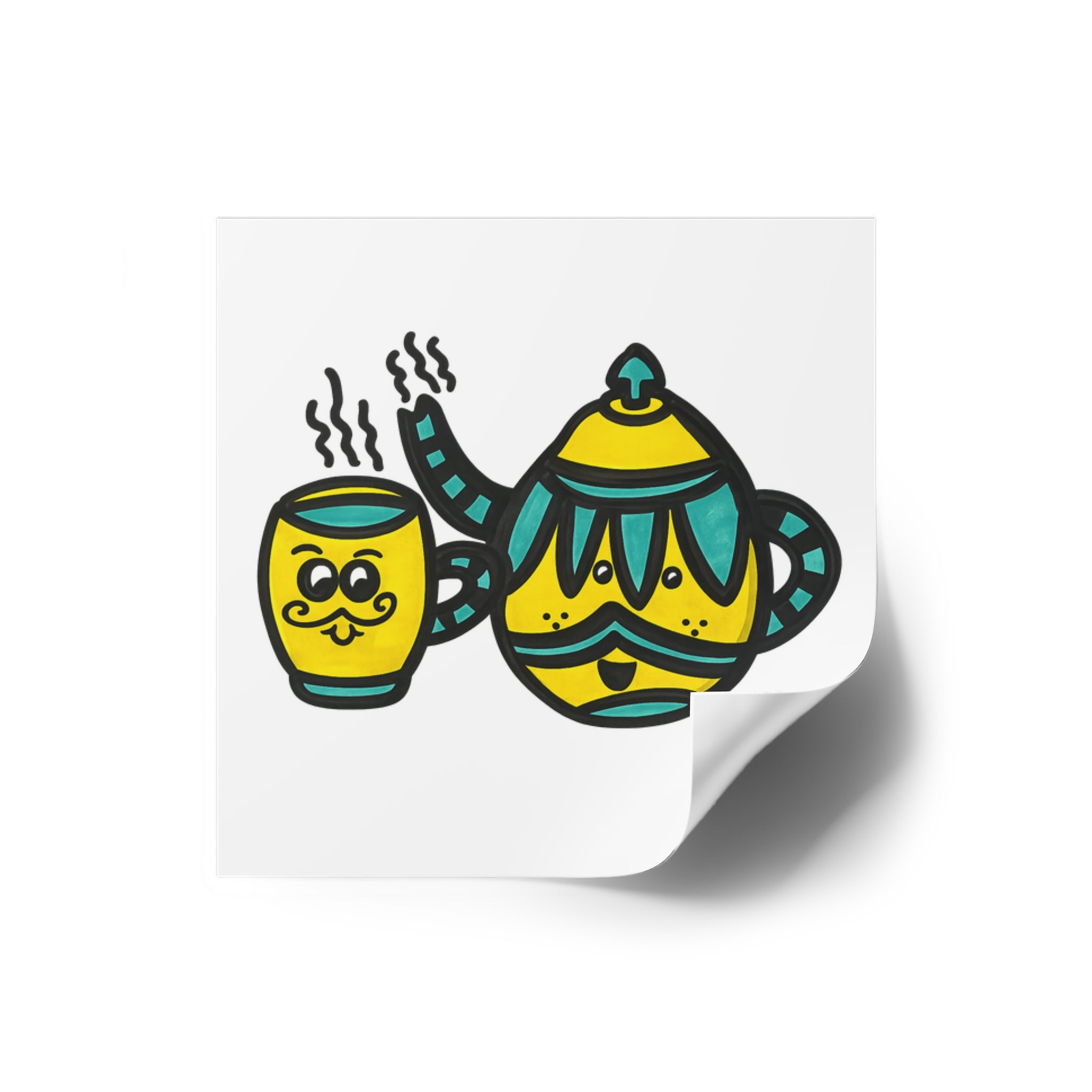 Hand-Drawn Yellow and Teal Cute Mustache Teapot and Mug Sticker square sticker | Indoor Outdoor
