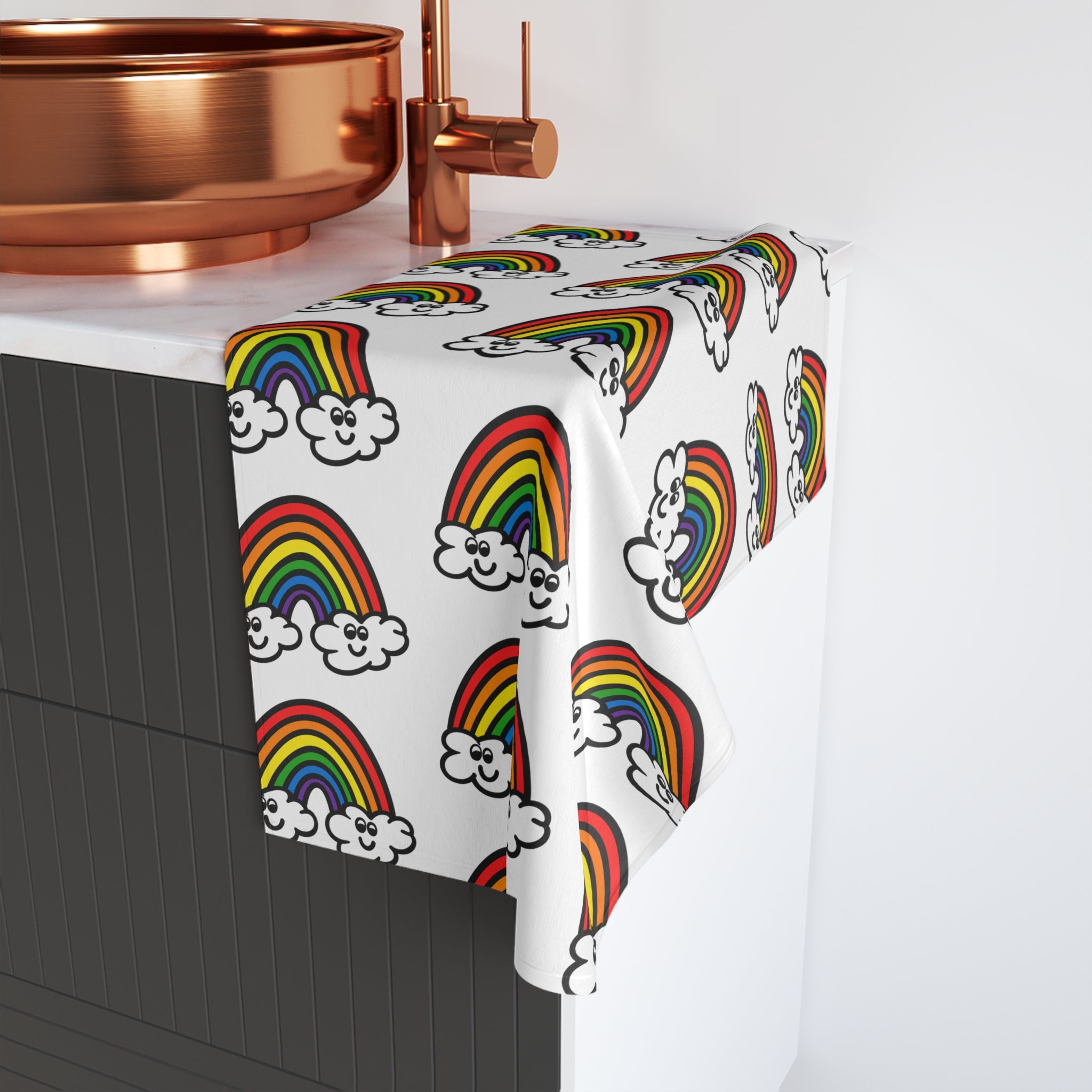 Hand-Drawn Smiling Rainbow Pattern Hand Towel | Cute Cloud Rainbows, Colorful Kids Bathroom
