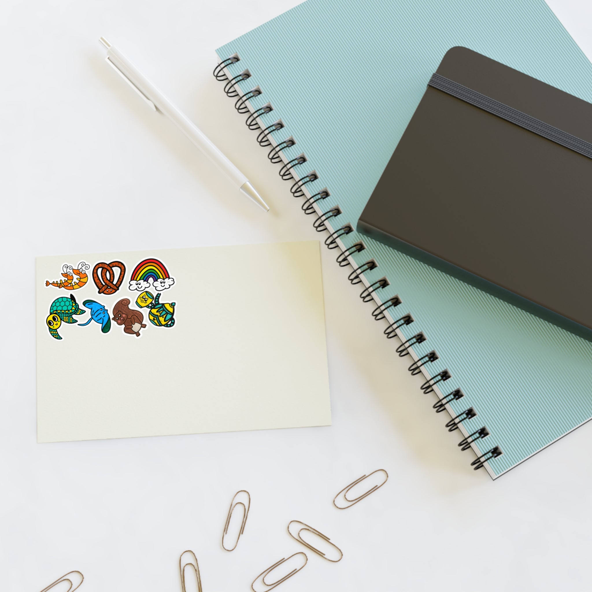 Cute Animal Rainbow Pretzel Sticker Sheet | Turtle, Shrimp, Stingray, Squirrel, and Teapot Set Stickers