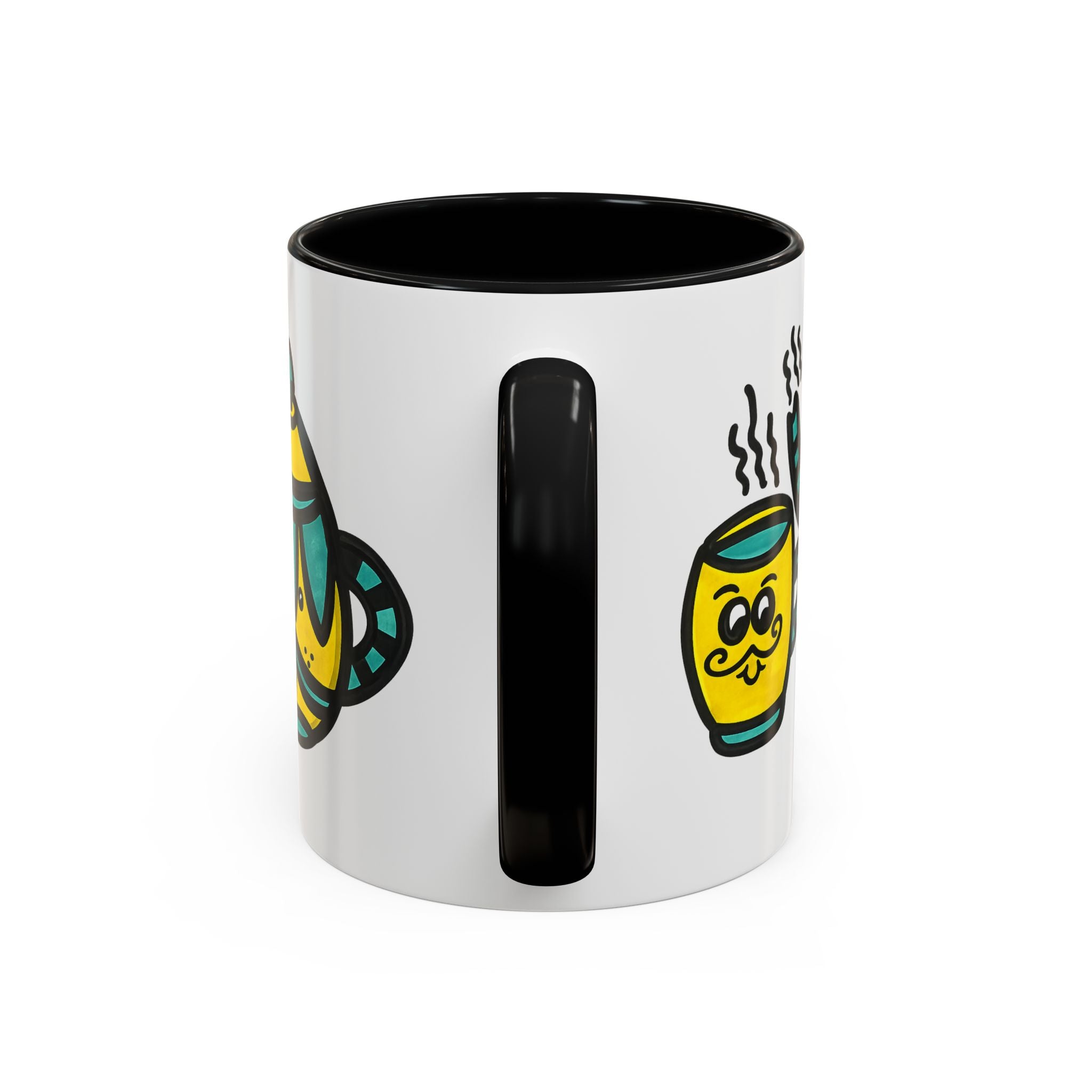 Hand-Drawn Yellow and Teal Mustache Teapot and Smiling Cup Mug | Accent Coffee Mug