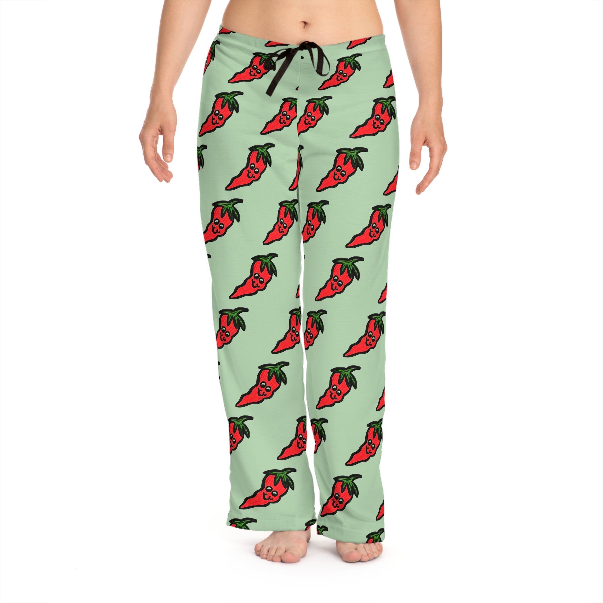 Hand-Drawn Cute Chili Pepper Pattern Pajama Pants | green, red veggie all-over print