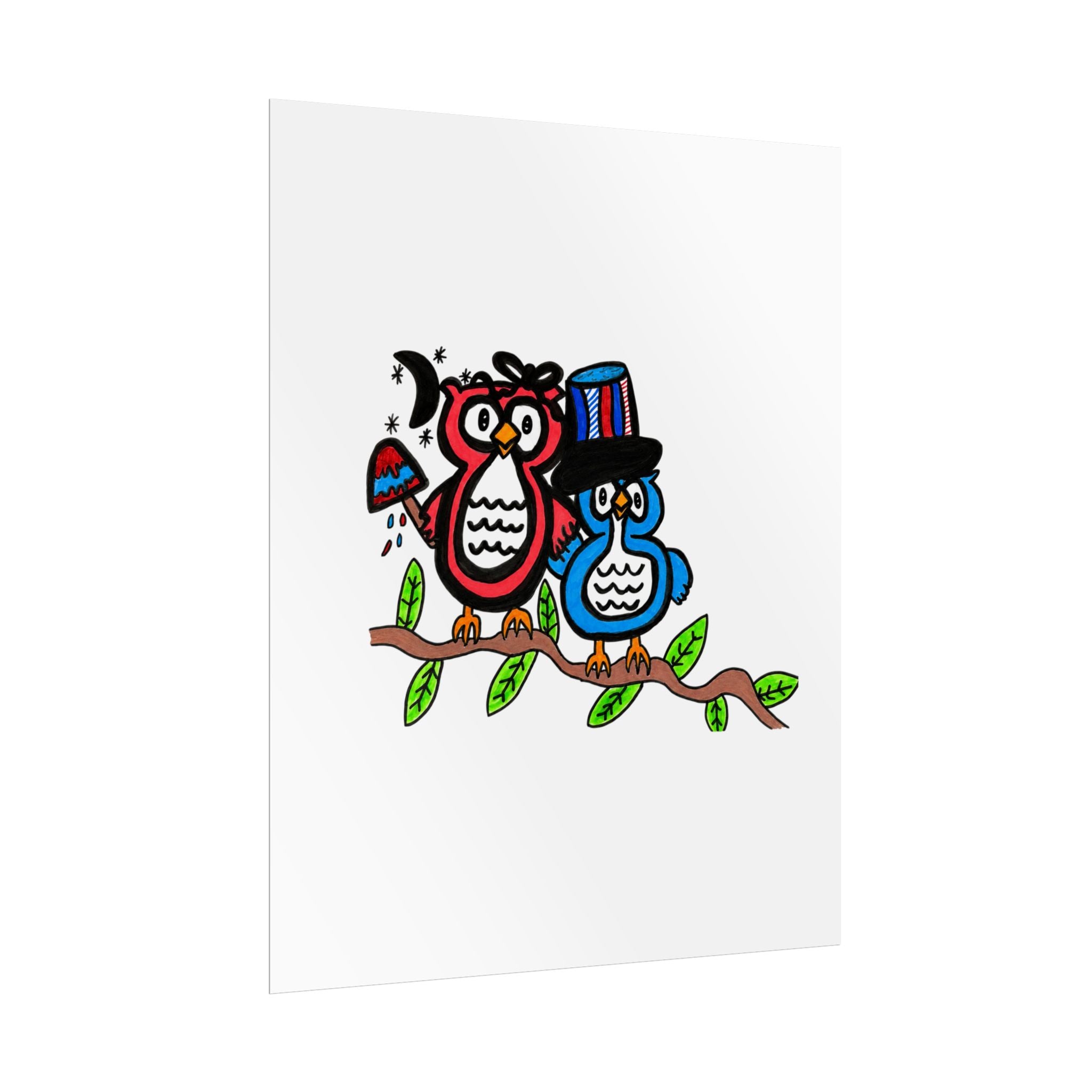 Hand-Drawn Patriotic Owl Couple Rolled Posters | Red White and Blue Owl Art