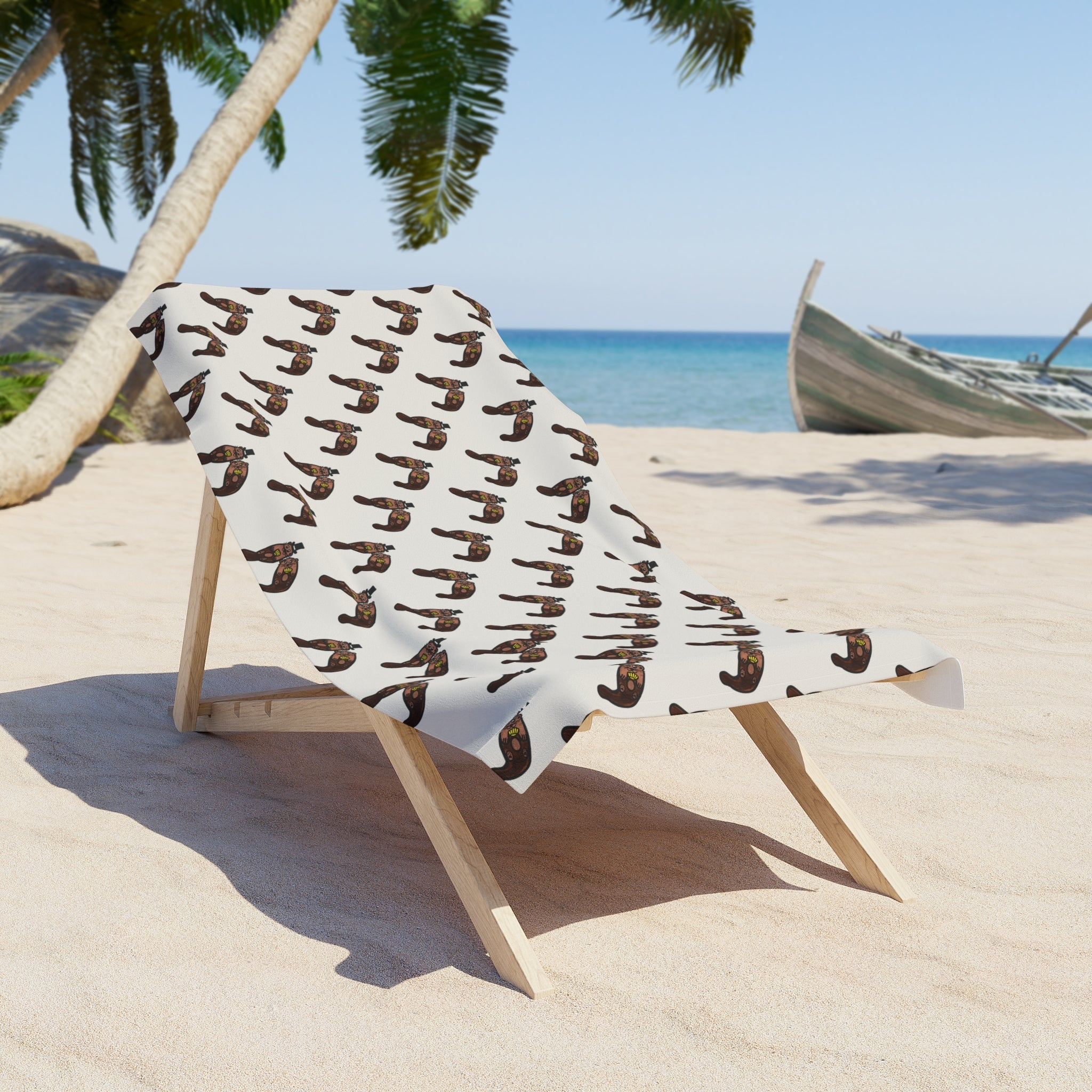 Hand-Drawn Brown Otter Pattern Beach Towel | Cute Animal with Seashell Repeat Print