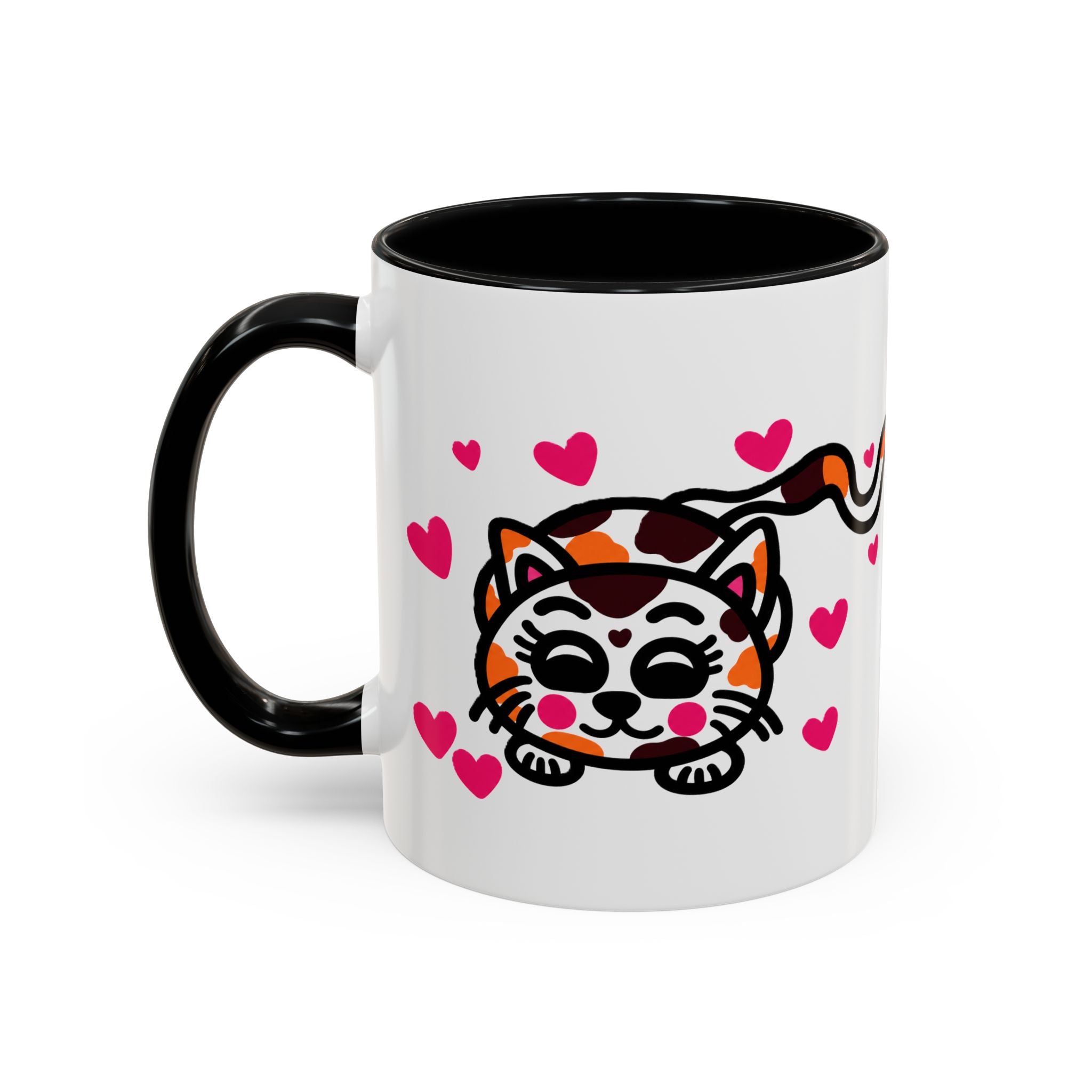 Hand-Drawn Calico Cat with Pink Hearts Mug | Accent Coffee Mug 11oz 15oz