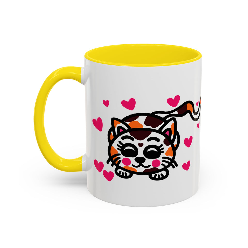 Hand-Drawn Calico Cat with Pink Hearts Mug | Accent Coffee Mug 11oz 15oz