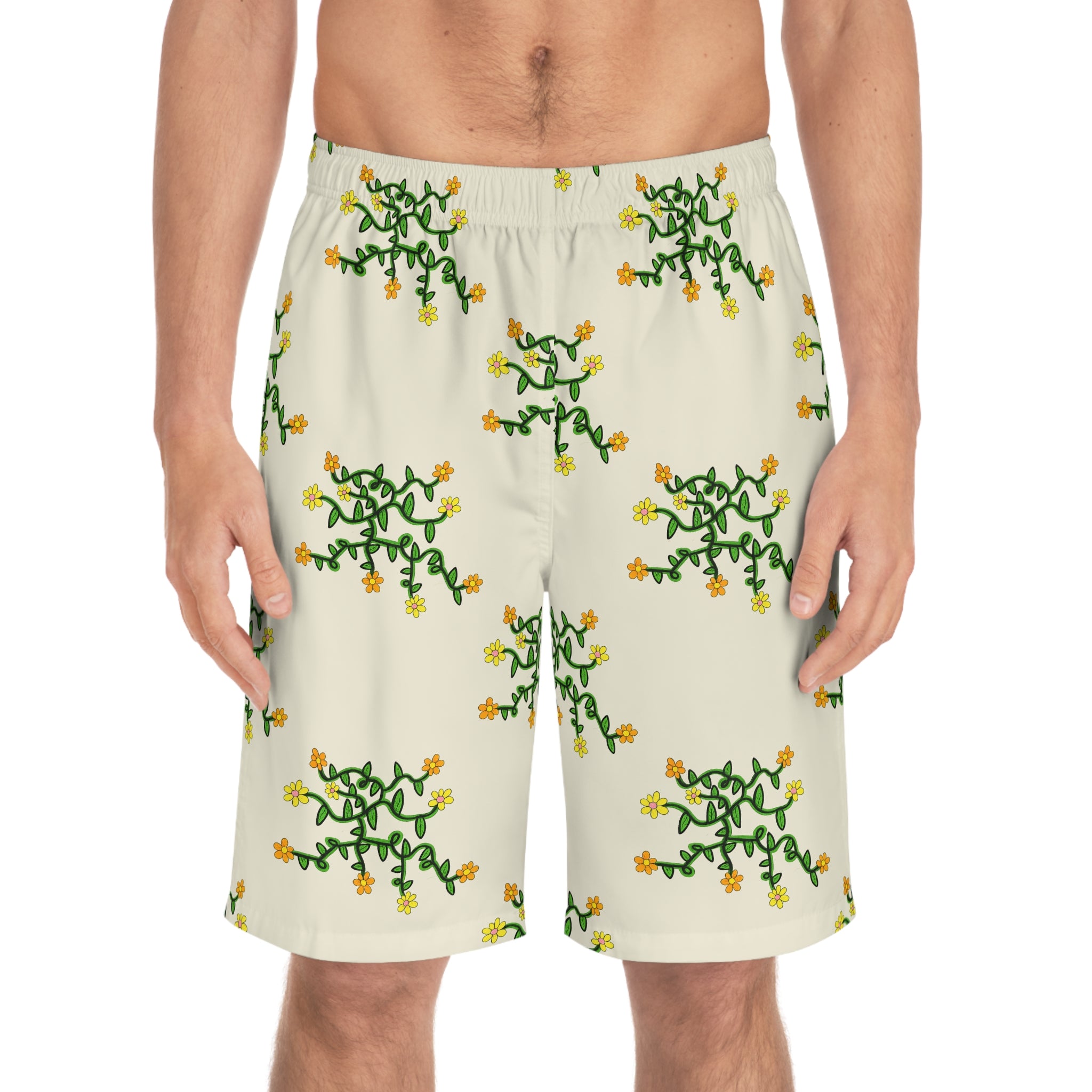 Hand-Drawn Yellow Orange Pink Floral Vine Pattern Board Shorts | AOP All-Over Print