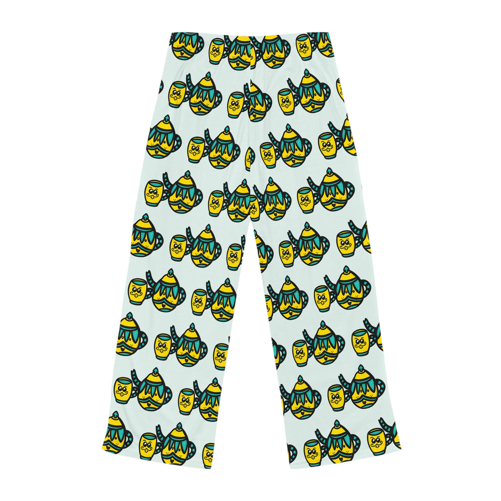 Hand-Drawn Yellow and Teal Mustache Teapot and Cup Pattern Pajama Pants | Cute All-Over Print