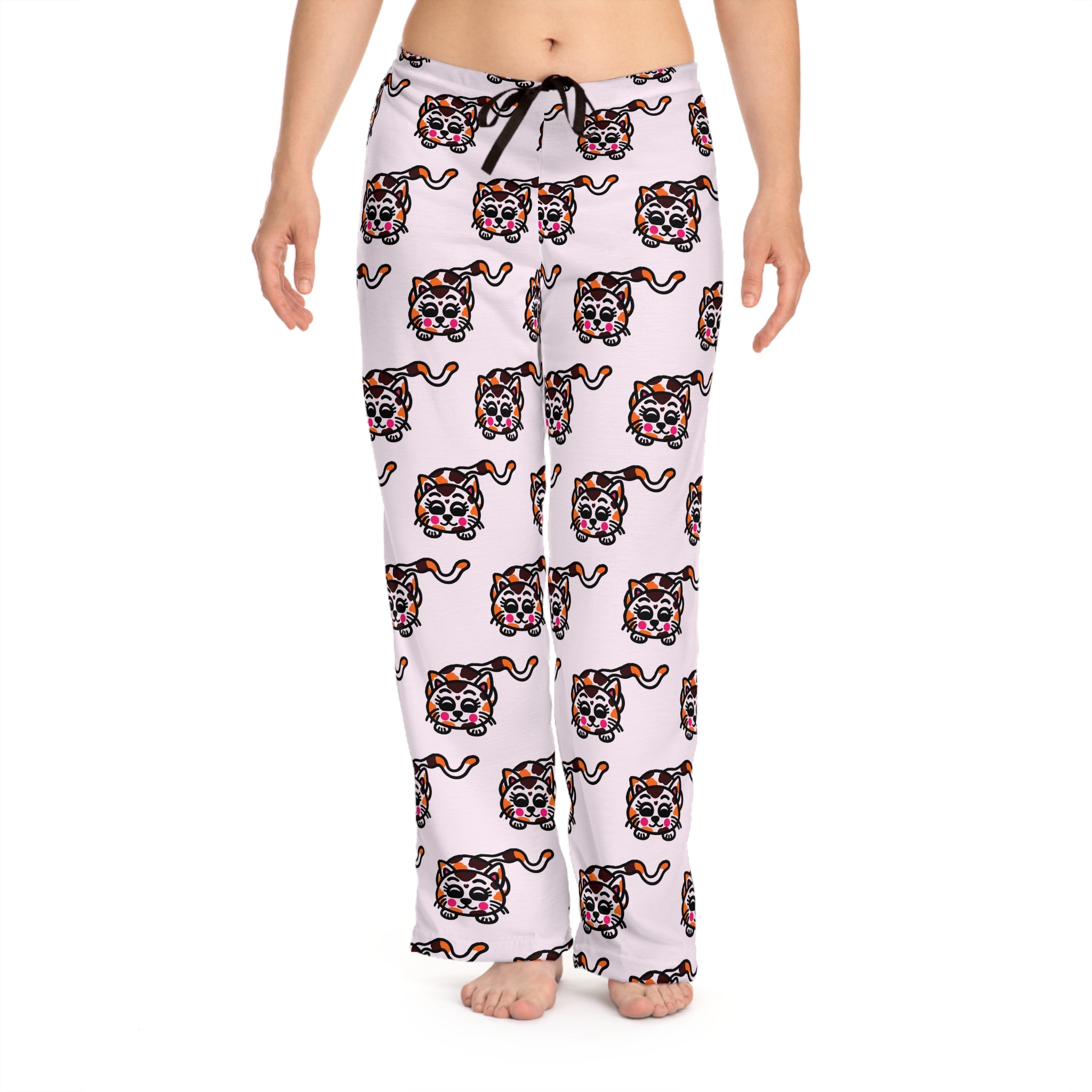 Hand-Drawn Calico Cat Pattern Pajama Pants | Pink Allover Print