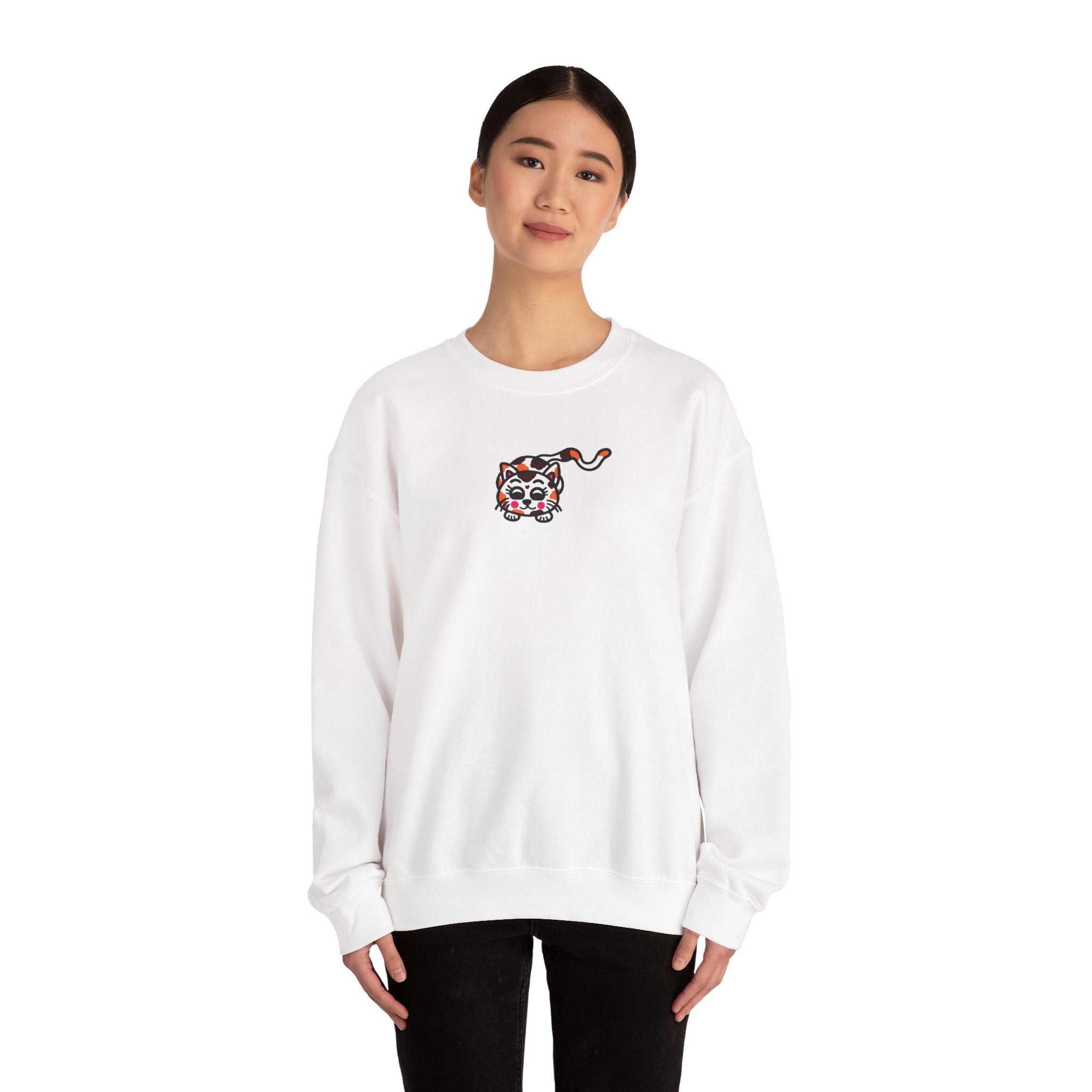 Hand-Drawn Calico Cat Illustration Crewneck Sweatshirt | Cute Animal Motif