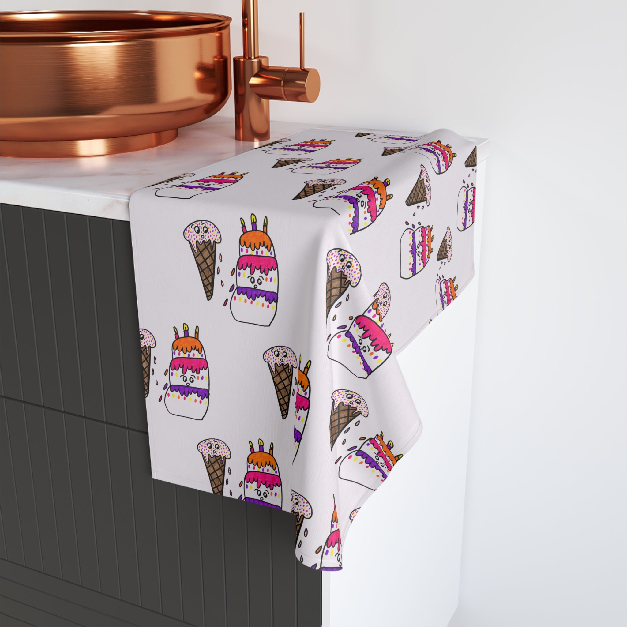 Hand-Drawn Ice Cream Cone and Cake Pattern Hand Towel | Colorful Sprinkles Birthday Dessert Design