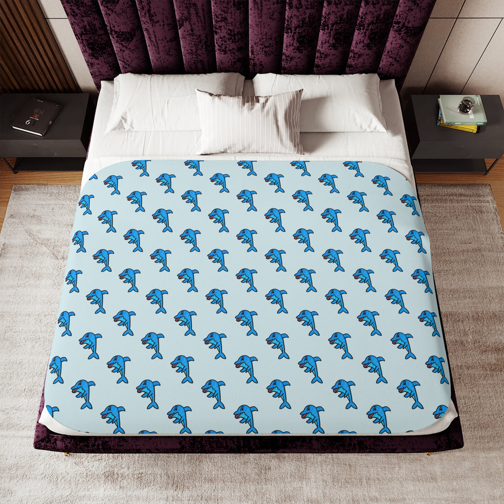 Hand-Drawn Blue Dolphin Pattern Sherpa Blanket | Ocean Animal Kids Throw