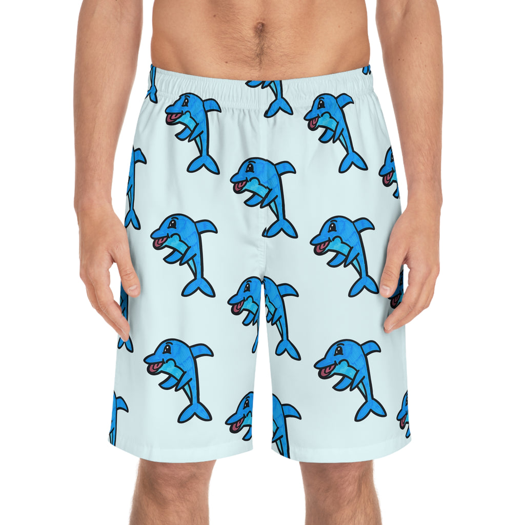 Hand-Drawn Cartoon Blue Dolphin Board Shorts | All-Over Print Swim Trunks