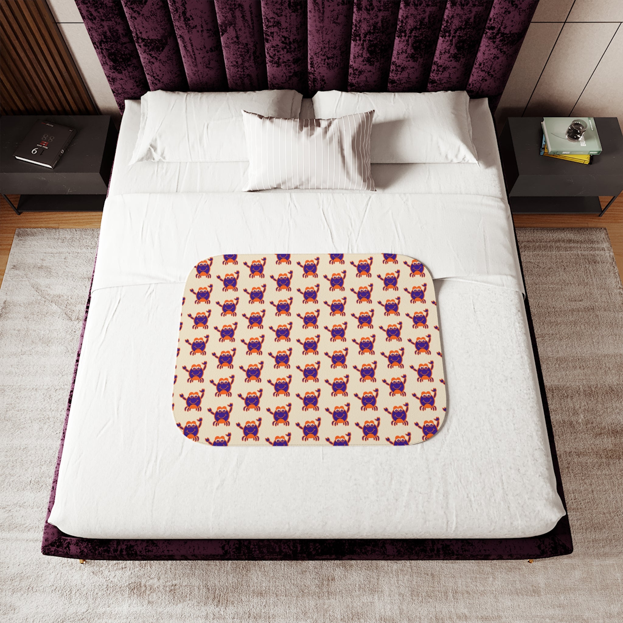 Hand-Drawn Purple Red Crab Pattern Sherpa Blanket | Coastal Nautical Beach Throw