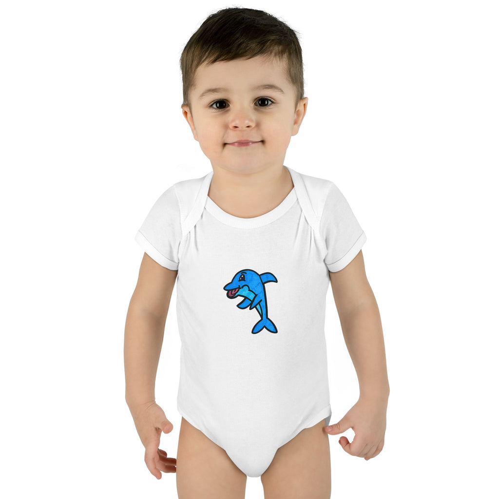 Hand-Drawn Cartoon Blue Dolphin Infant Bodysuit | Baby Onesie Ocean Animal