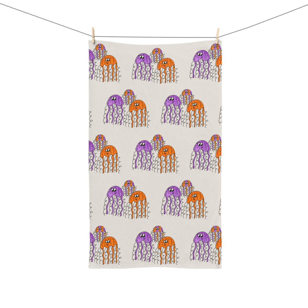 Hand-Drawn Orange Purple Jellyfish Swirls Hand Towel | Nautical Ocean Decor