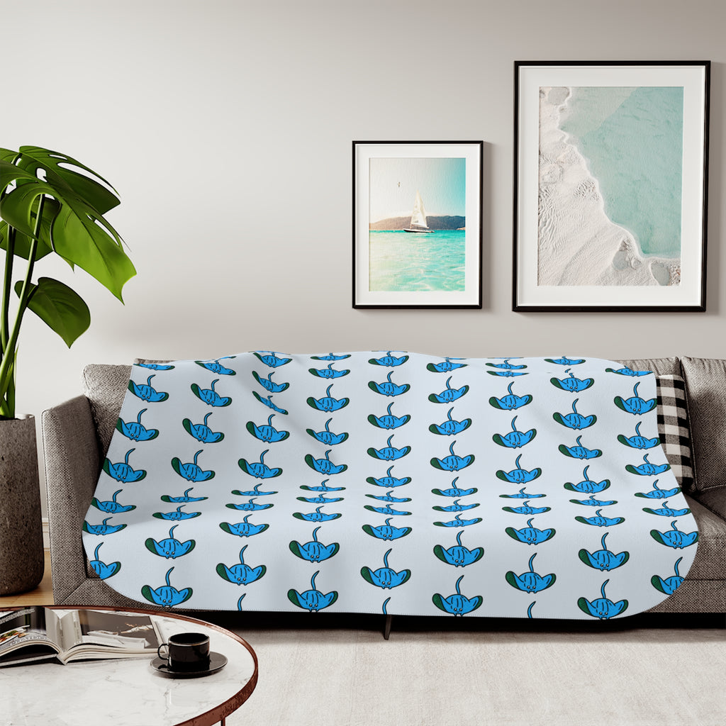 Hand-Drawn Blue Manta Ray Pattern Sherpa Blanket | Ocean Animal Print, Cozy Stingray Throw