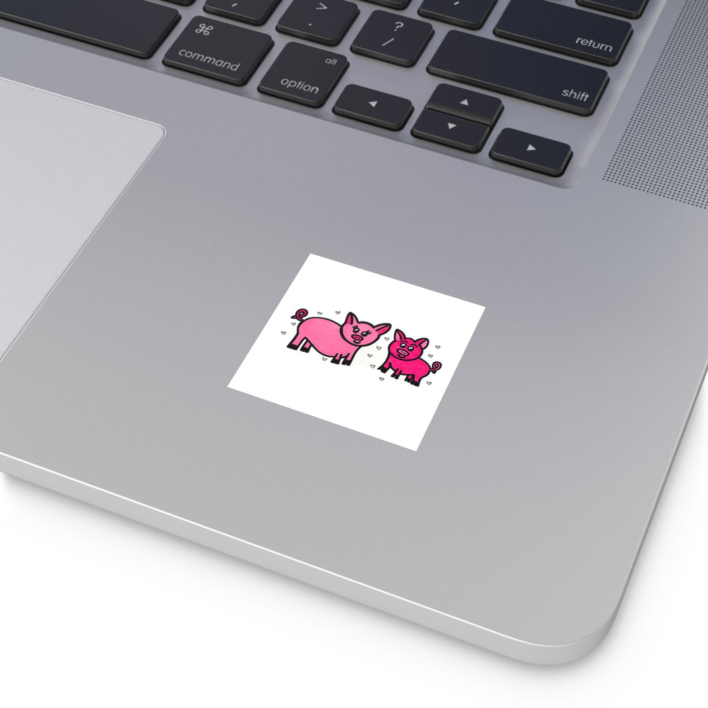 Hand-Drawn Pink Pig Duo Stickers | Square Indoor-Outdoor Sticker