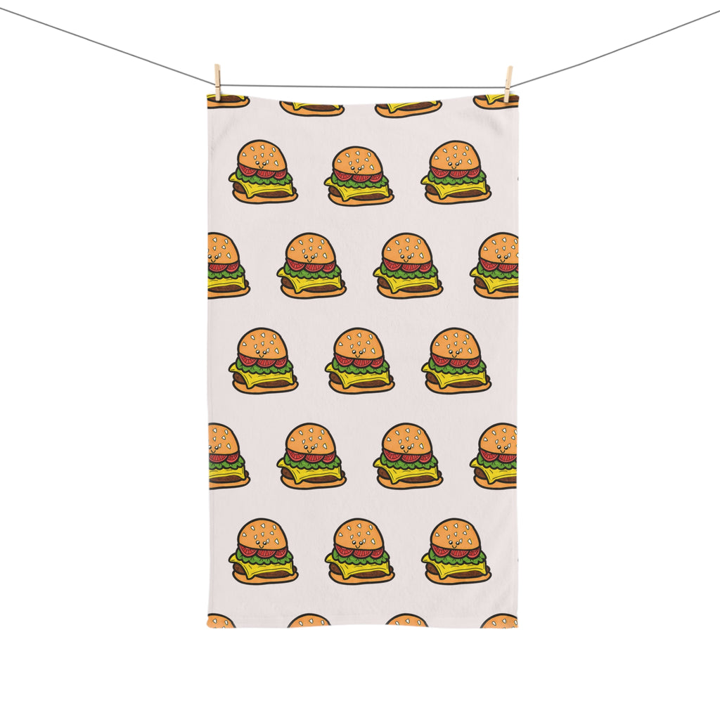 Hand-Drawn Cartoon Cheeseburger Pattern Hand Towel | Fast Food Kitchen Decor