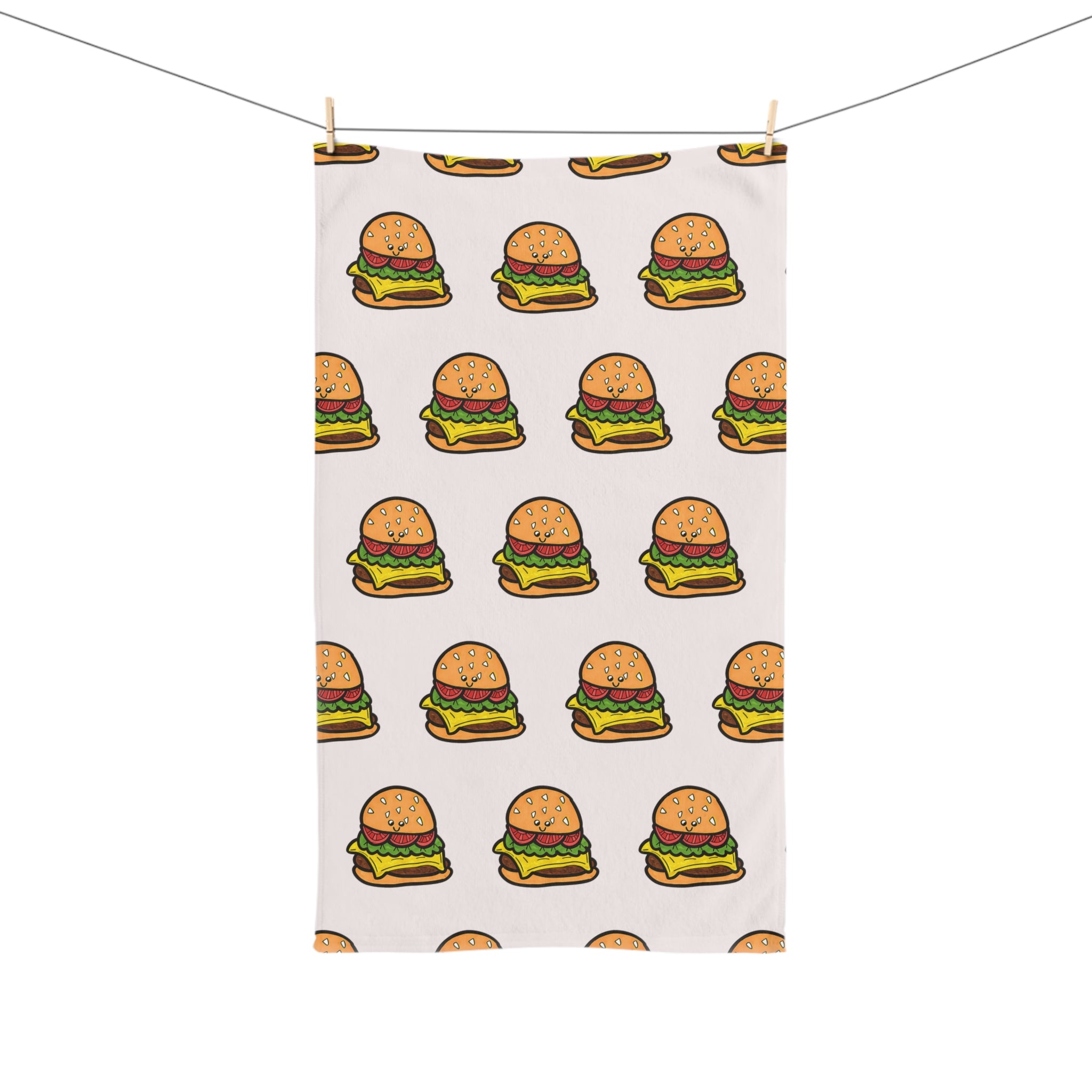 Hand-Drawn Cartoon Cheeseburger Pattern Hand Towel | Fast Food Kitchen Decor