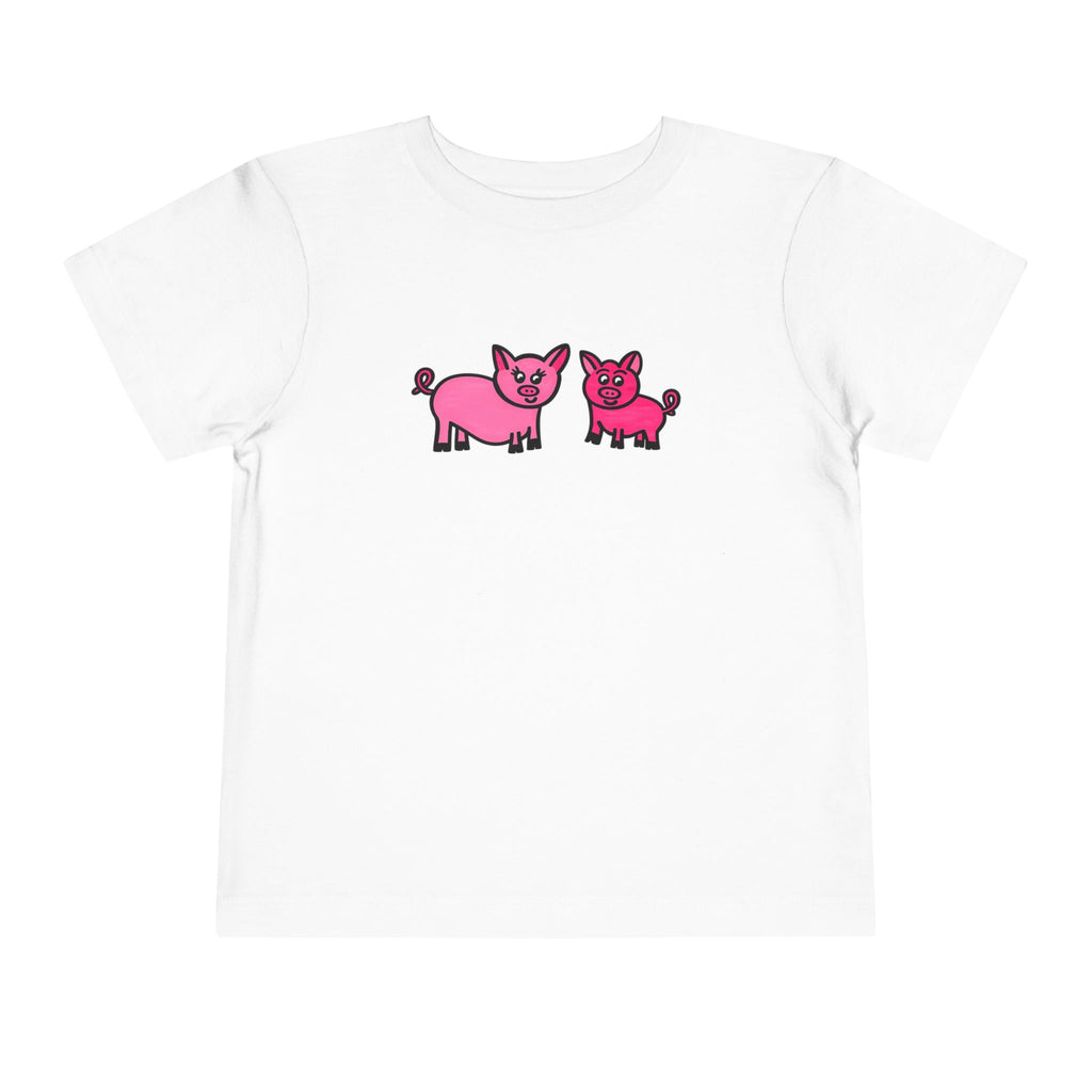 Hand-Drawn Pink Pig Family Tee | Cute Mama and Baby Pig Illustration, Kids Animal Shirt