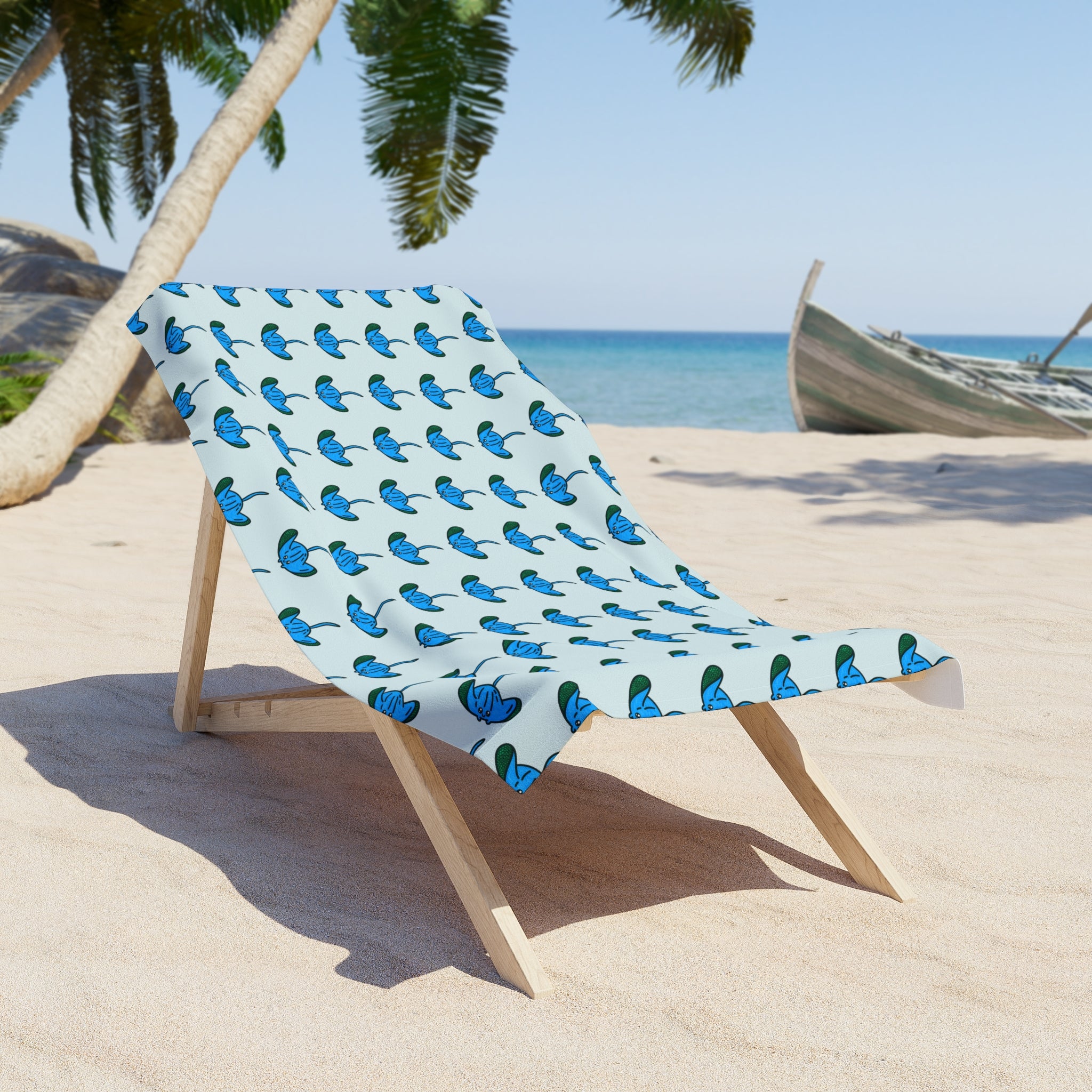 Hand-Drawn Blue Manta Ray Pattern Beach Towel | Tropical Ocean Sea Life