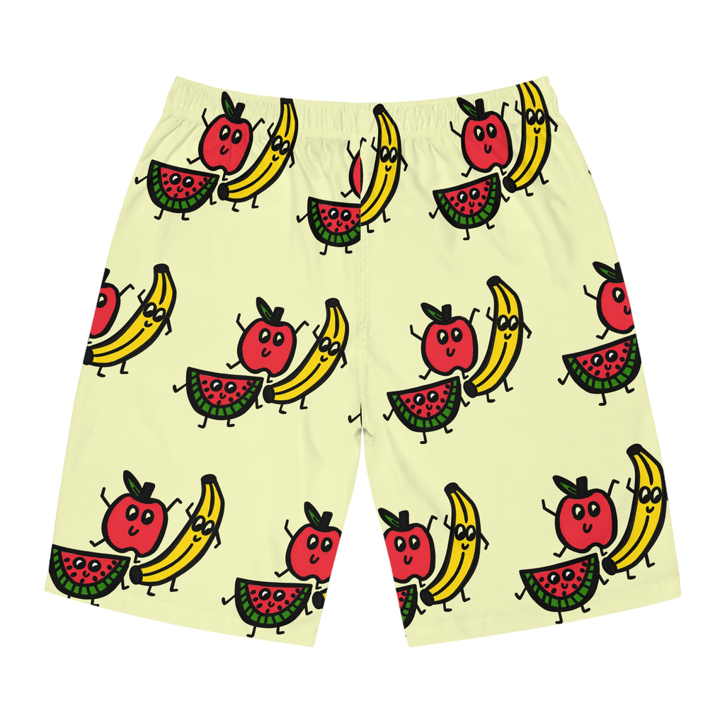 Hand-Drawn Cute Fruit Cartoon | Apple, Watermelon, and Bananas Board Shorts | All-Over Print