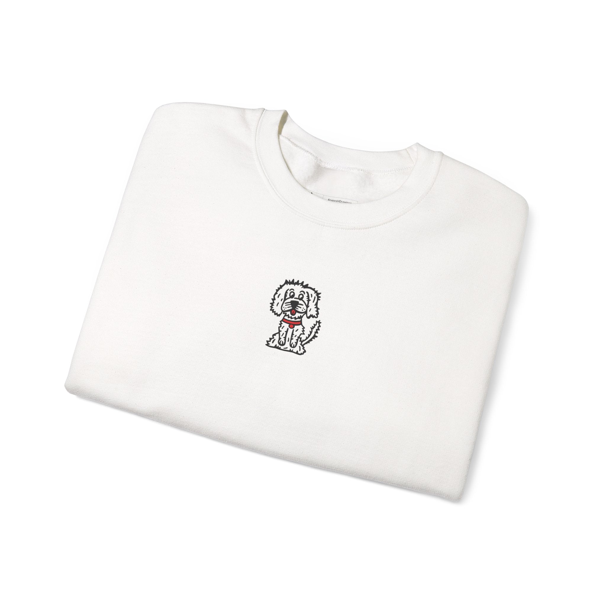 Hand-Drawn Fluffy Dog Red Collar Sweatshirt | White Dog Illustration