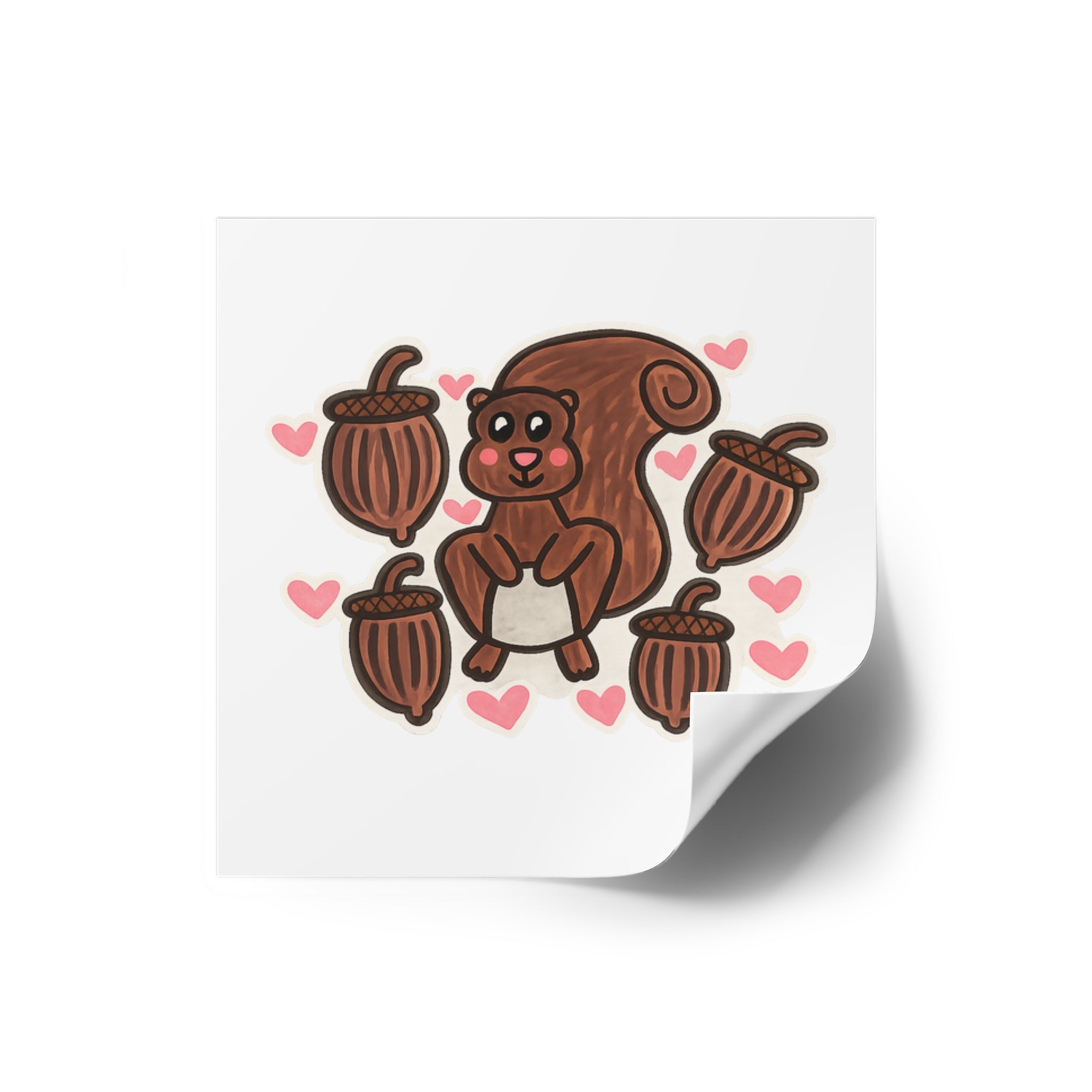 Hand-Drawn Cute Squirrel with Acorns Square Sticker | Indoor Outdoor