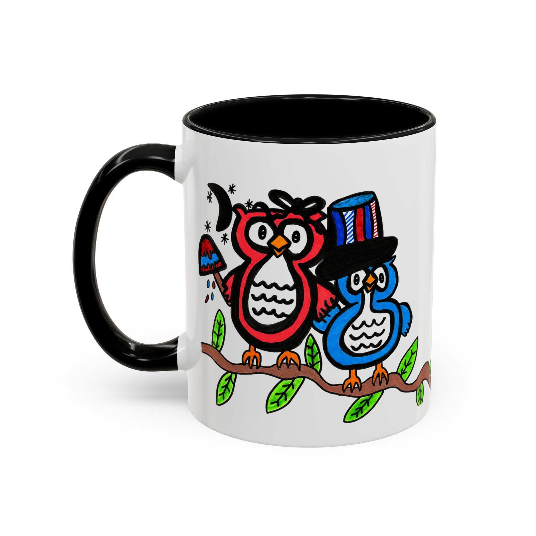 Hand-Drawn Patriotic Owls on a Branch Mug | Accent Coffee Mug 11oz 15oz