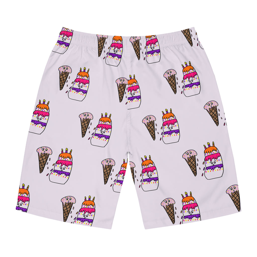 Hand-Drawn Cake and Ice Cream Cone Pattern Birthday Board Shorts | Pink All-Over Print