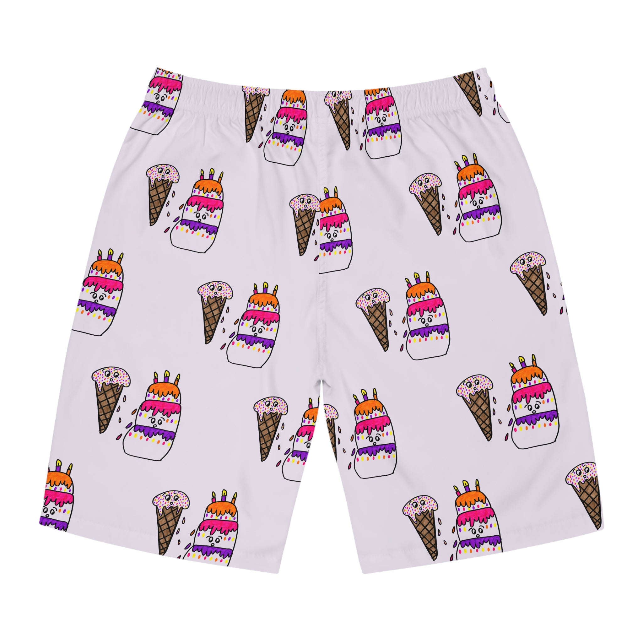 Hand-Drawn Cake and Ice Cream Cone Pattern Birthday Board Shorts | Pink All-Over Print