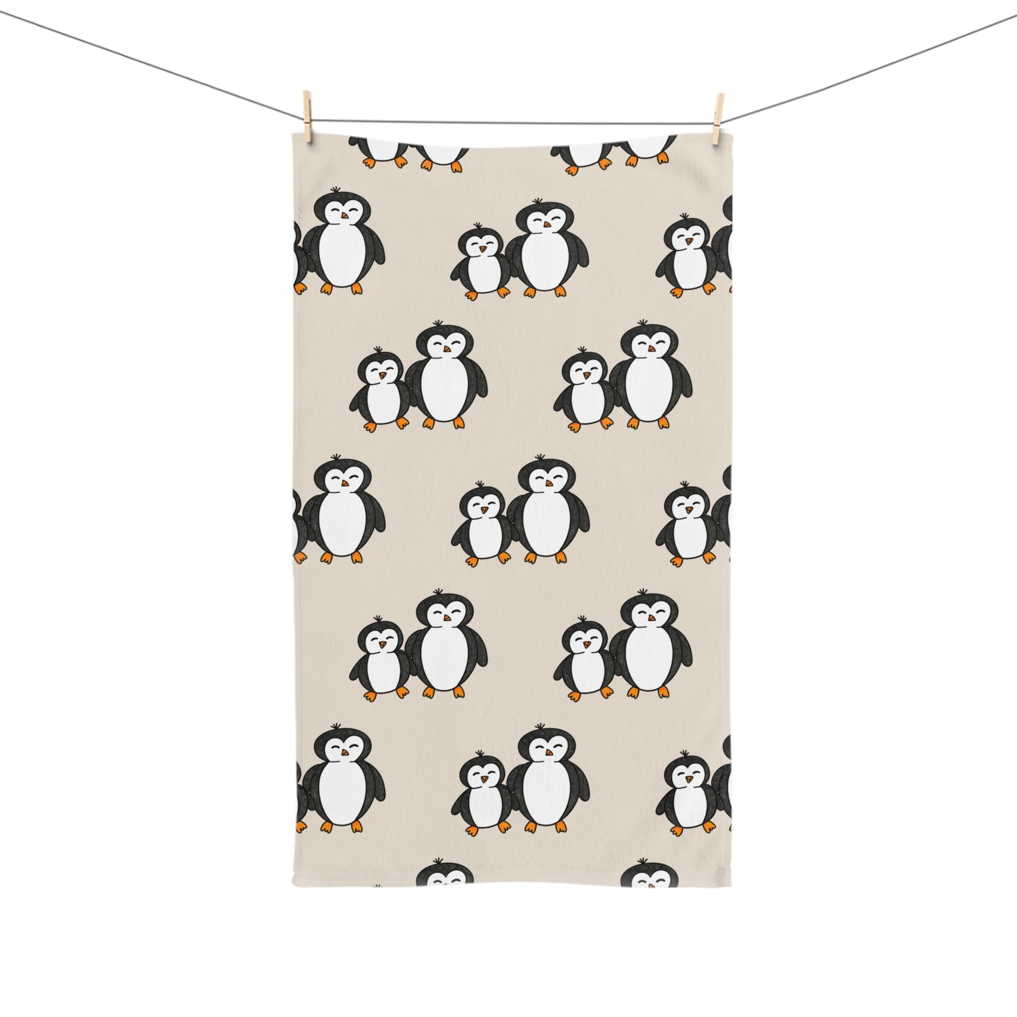 Hand-Drawn Cute Penguin Pattern Hand Towel | Cartoon Penguins Kitchen or Bathroom