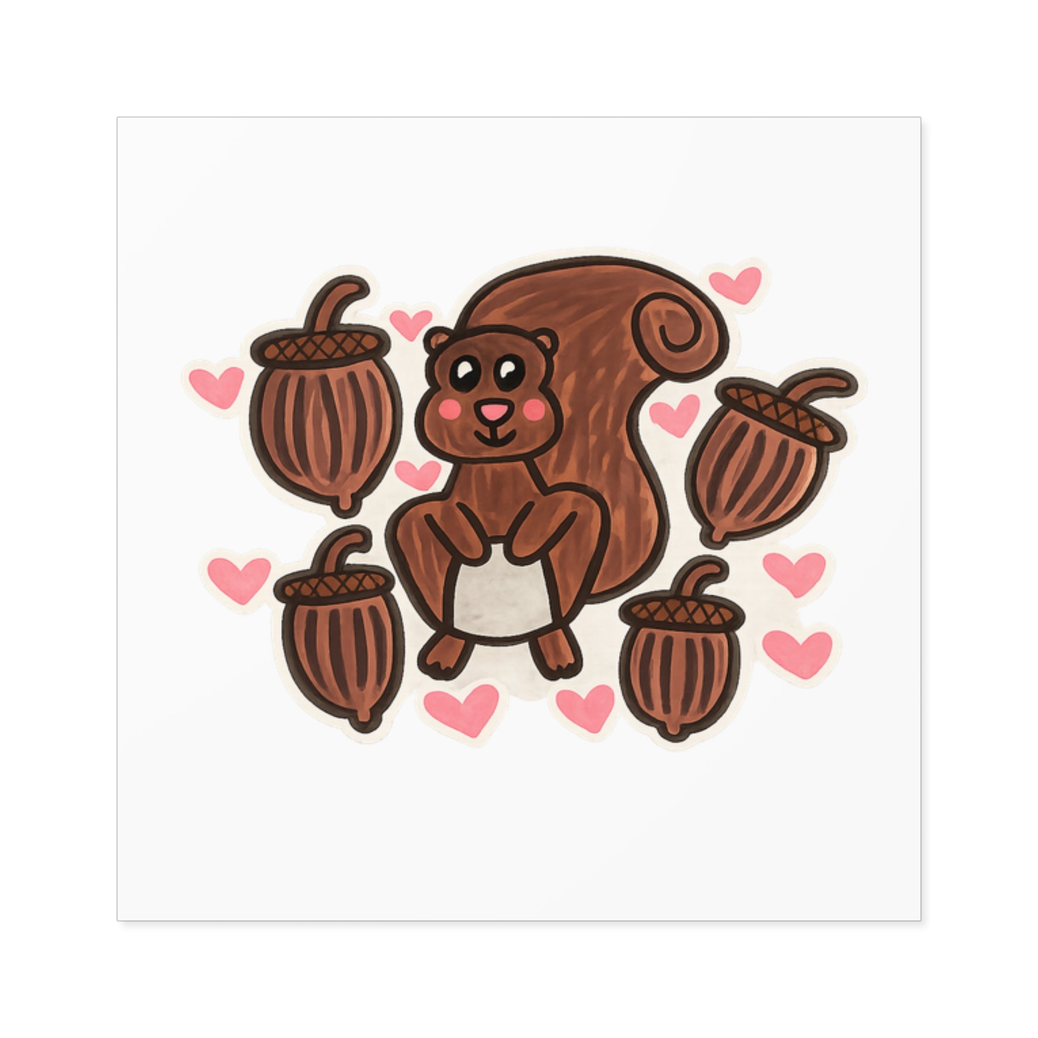 Hand-Drawn Cute Squirrel with Acorns Square Sticker | Indoor Outdoor
