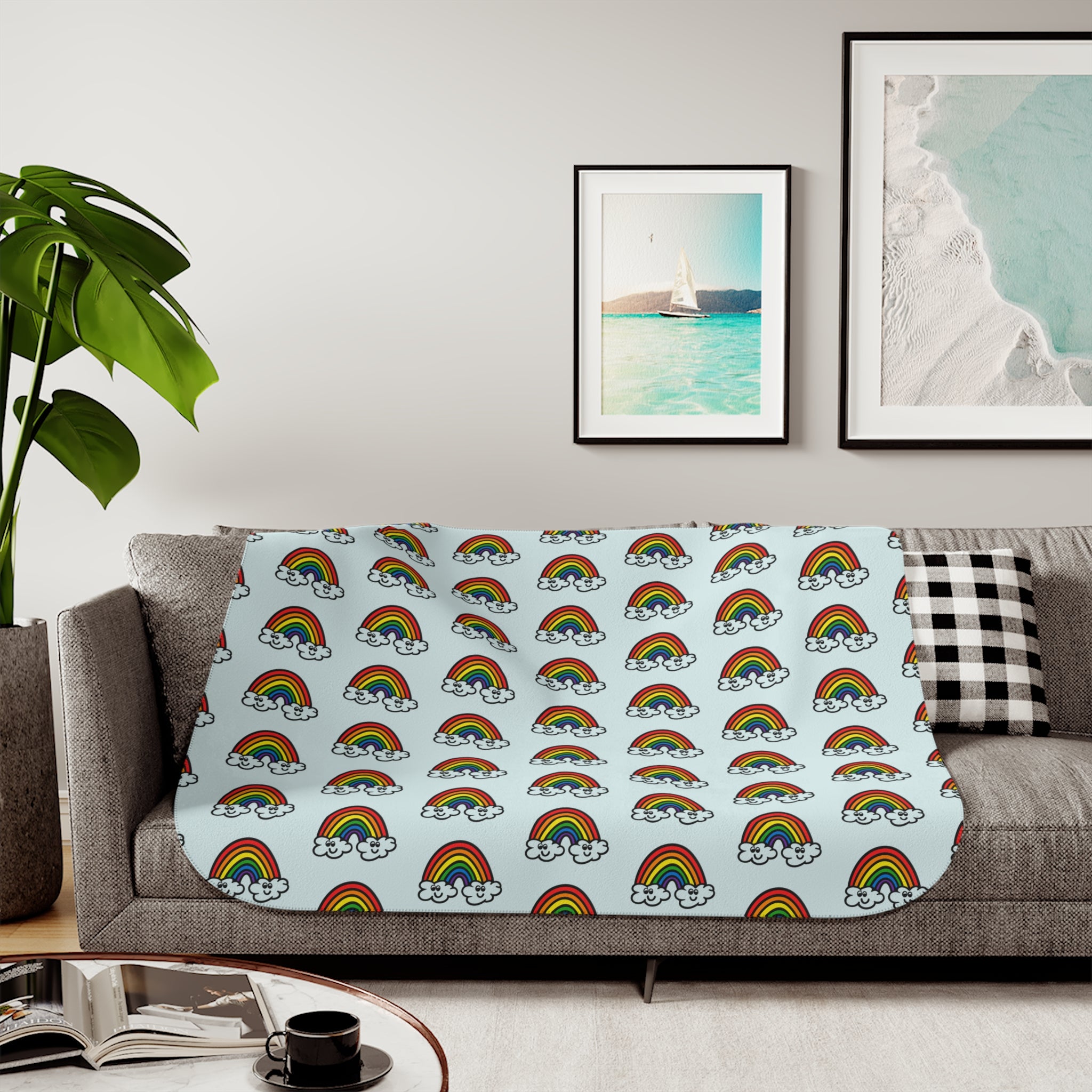 Hand-Drawn Retro Rainbow and Clouds Smiling Pattern Sherpa Blanket | Cute Rainbow Repeat Throw