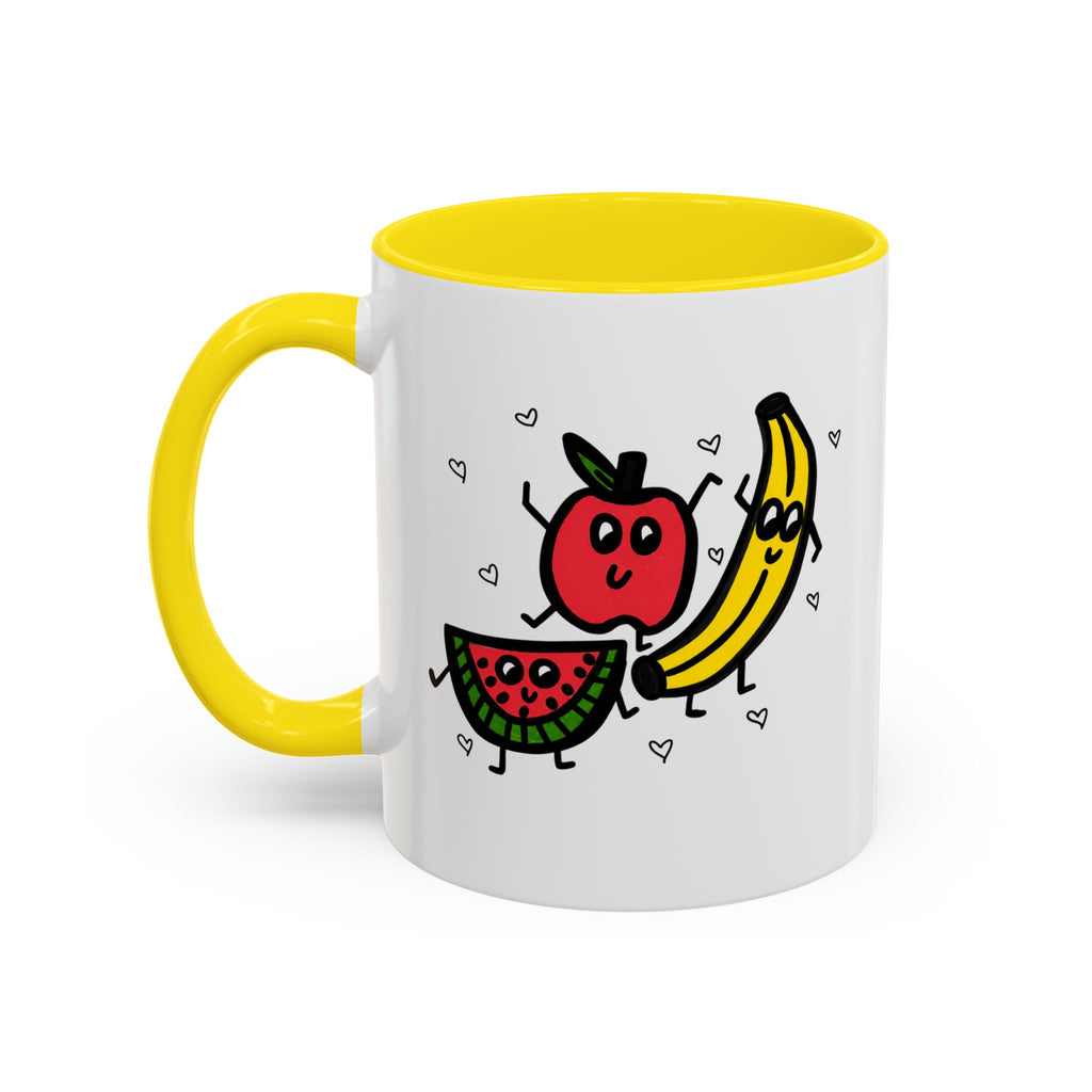 Hand-Drawn Smiling Banana Apple Watermelon Mug | Cute Fruit Faces Coffee Cup