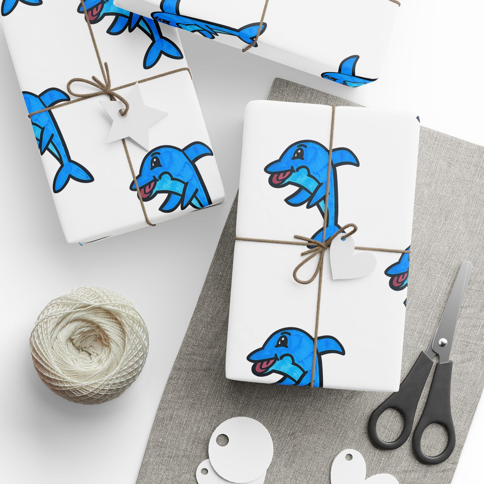 Hand-Drawn Blue Cartoon Dolphin Wrapping Paper | Ocean Sea Animal Pattern