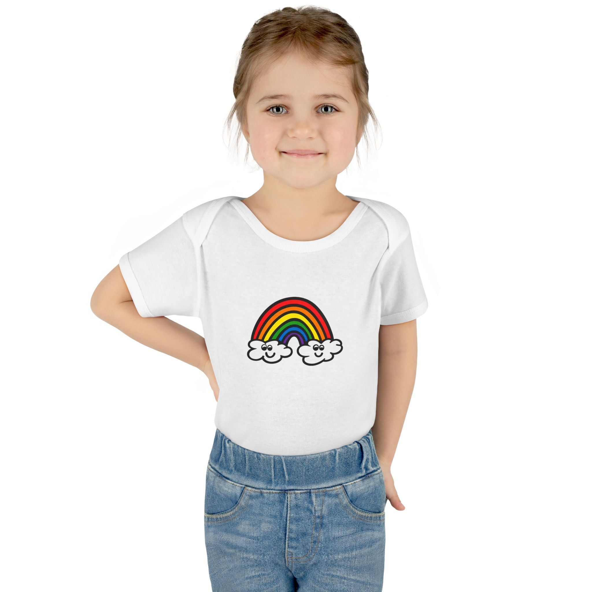 Hand-Drawn Cute Rainbow with Smiling Clouds Infant Bodysuit | Baby Rainbow Tee