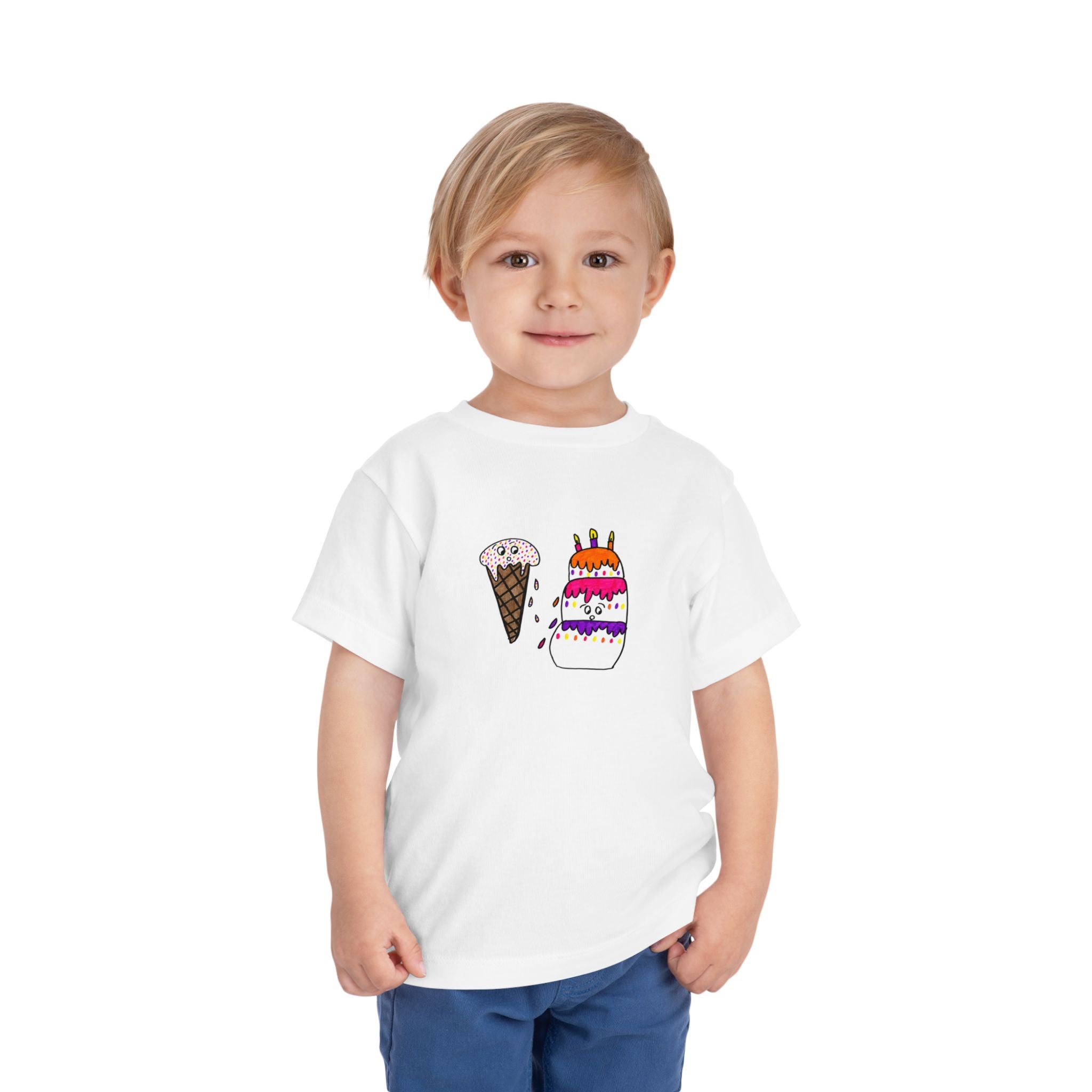 Hand-Drawn Cute Ice Cream Cone and Cake Illustration Toddler Tee | Kids Summer Shirt