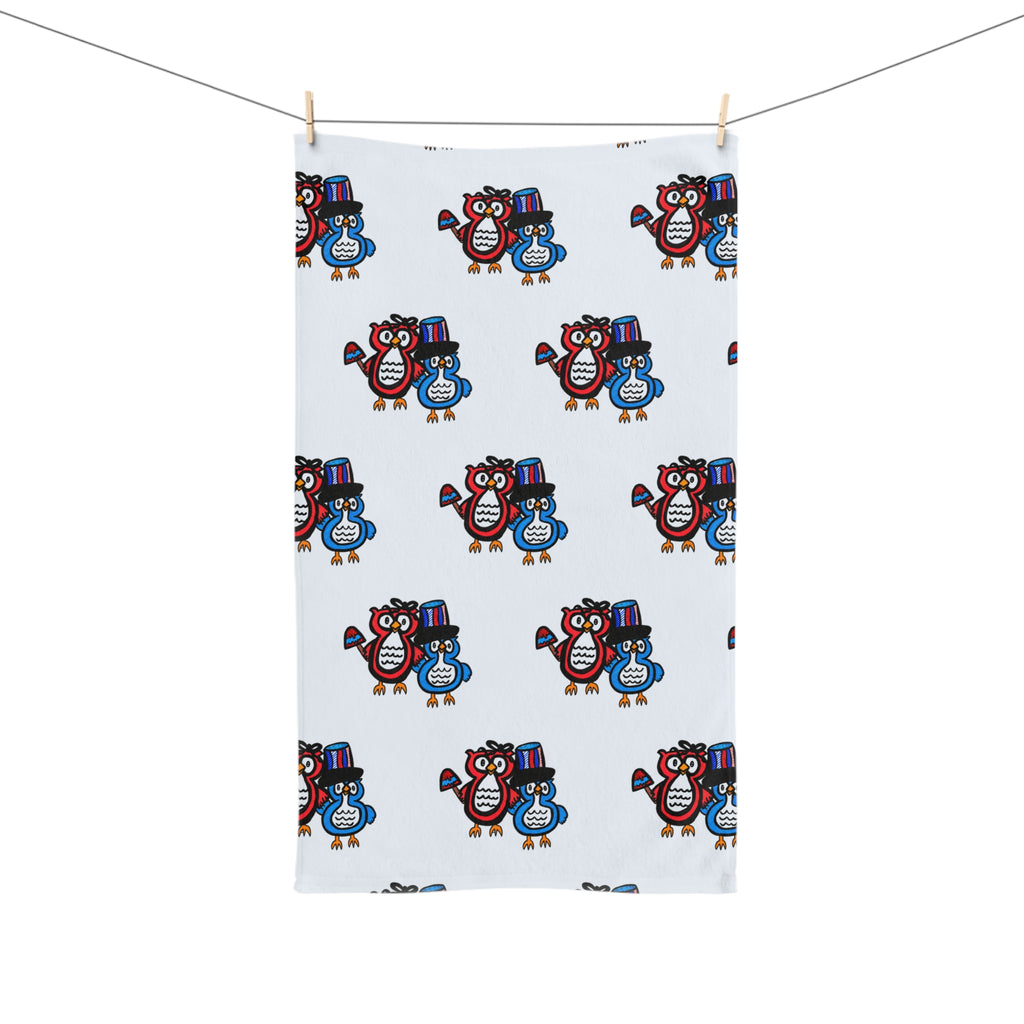Hand-Drawn Cute Winter Owl Hand Towel, Whimsical Bathroom or Kitchen Decor, Cozy Owl Gift, Blue and Red Holiday Tea Towel