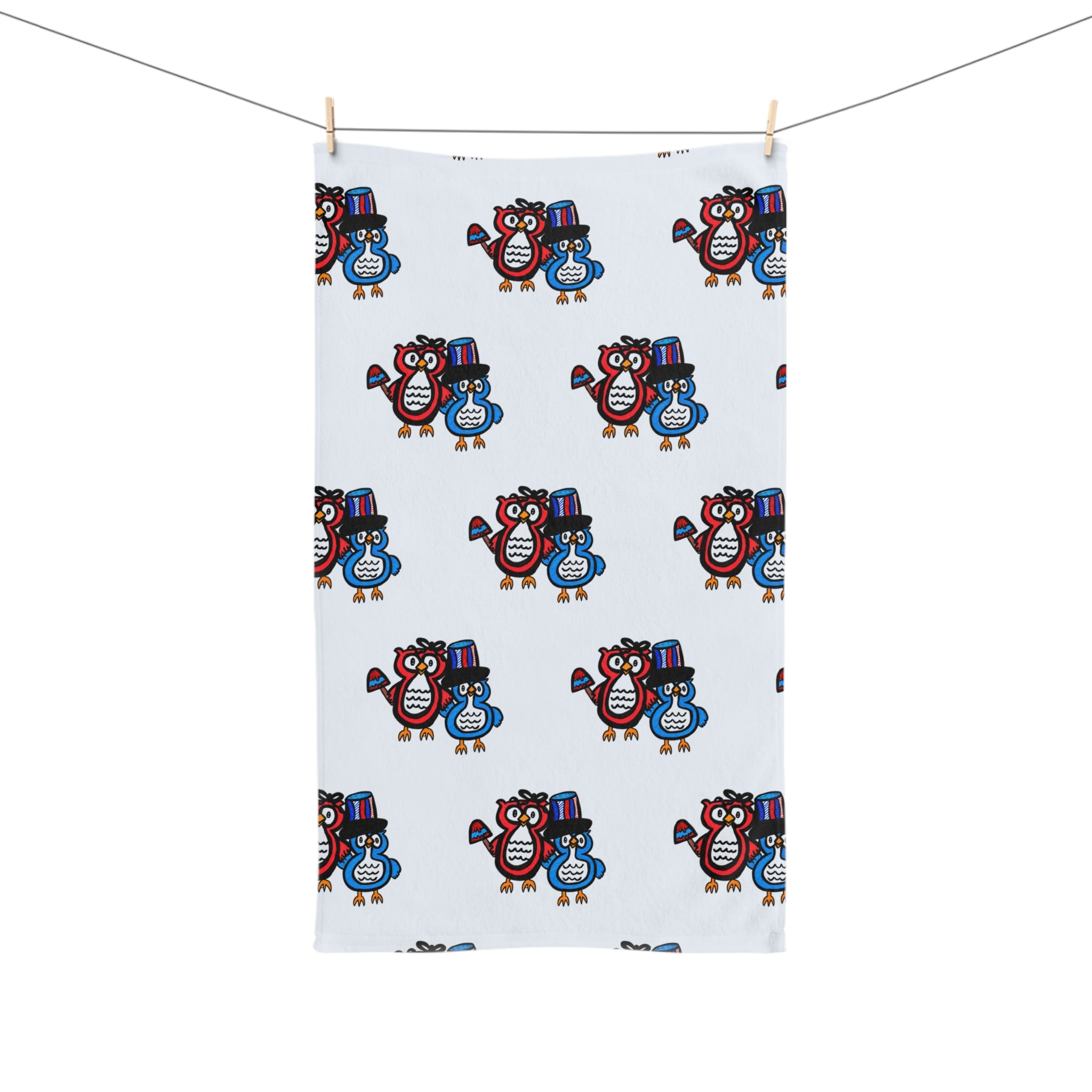 Hand-Drawn Cute Winter Owl Hand Towel, Whimsical Bathroom or Kitchen Decor, Cozy Owl Gift, Blue and Red Holiday Tea Towel