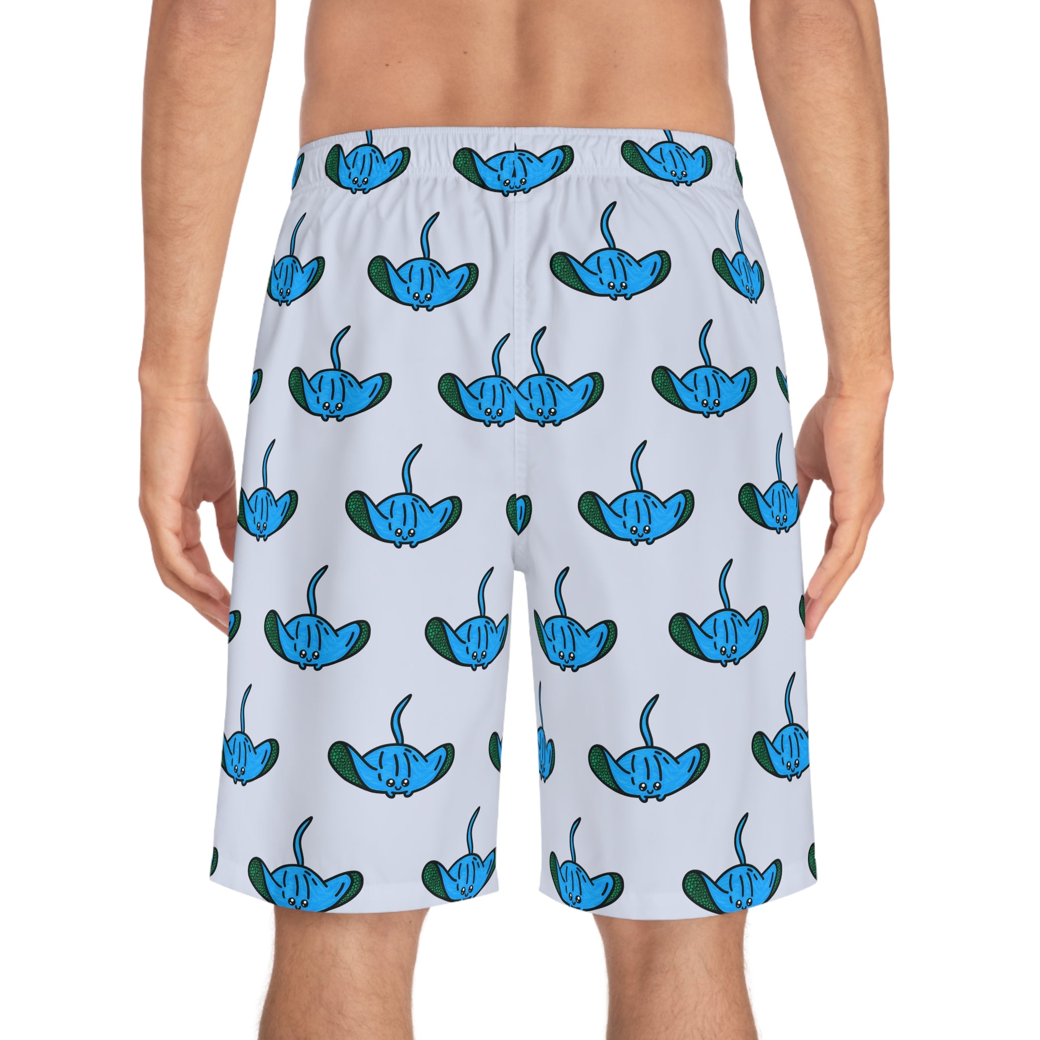 Hand-Drawn Blue Manta Ray Pattern Board Shorts | All Over Print Swim Trunks