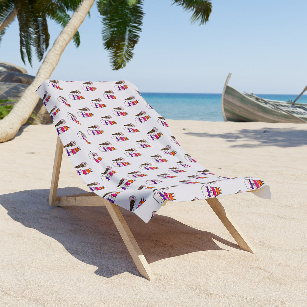 Hand-Drawn Colorful Ice Cream Cone and Cake Pattern Beach Towel | Summer Seaside Print