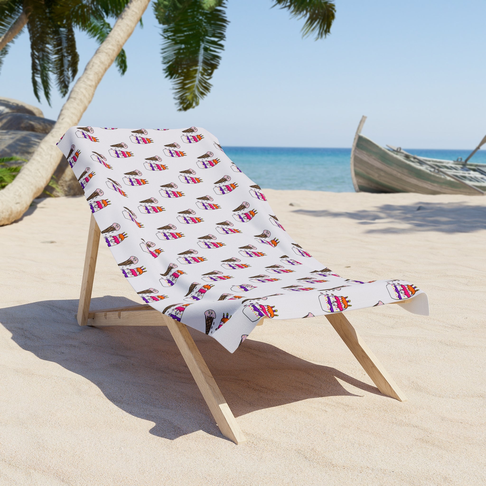 Hand-Drawn Colorful Ice Cream Cone and Cake Pattern Beach Towel | Summer Seaside Print